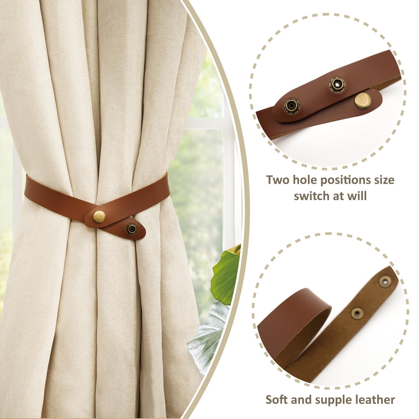 Home Queen PU Leather Curtain Tiebacks, Modern Faux Leather Curtain Straps with Adjustable Buttons, No Drill Holdbacks for Bedroom, Living Room, Hotel, Office, Set of 2,Chocolate
