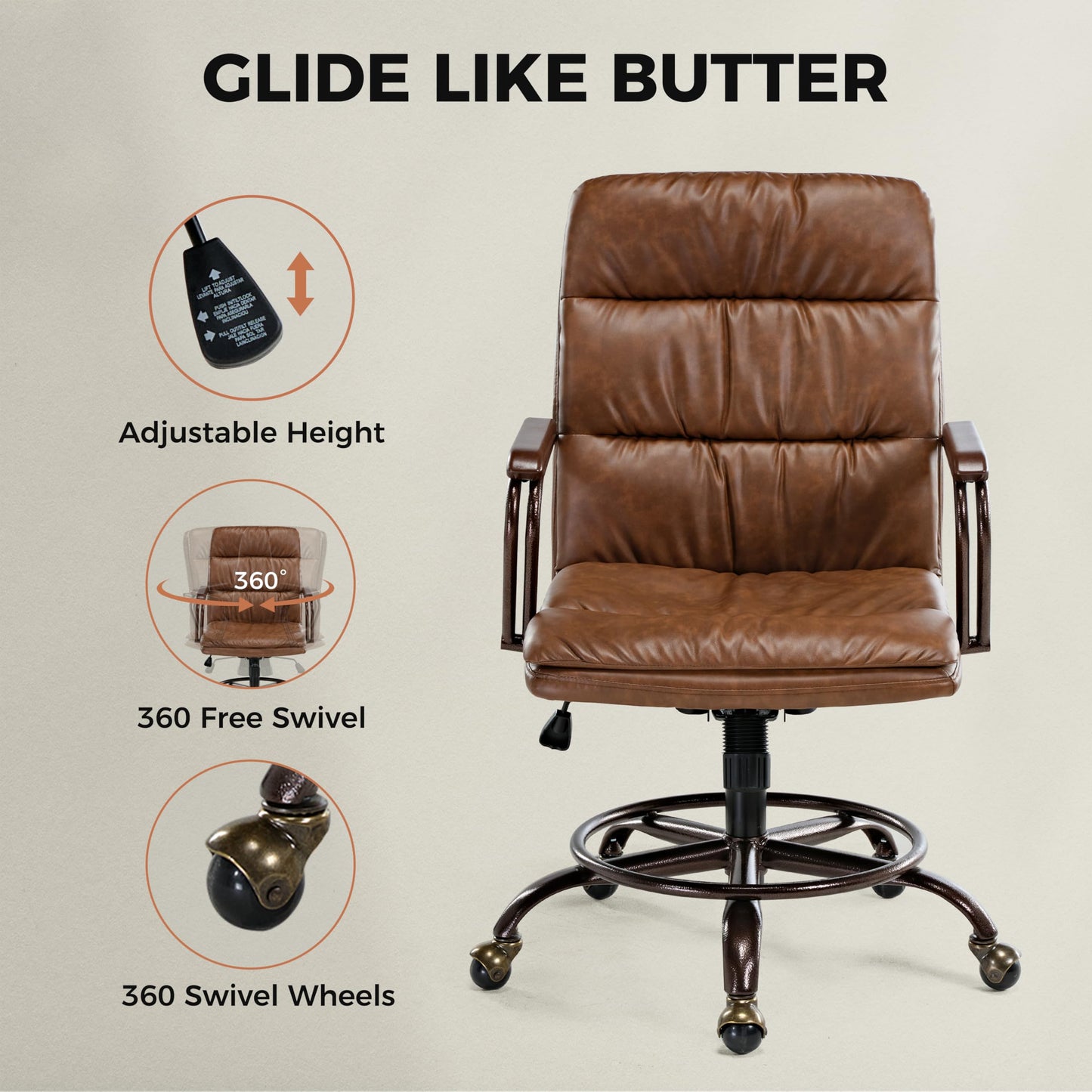 EUREKA ERGONOMIC Mid-Century Vintage Office Chair, Faux Leather Executive Desk Chair with Unique Ball Casters and Fixed Footrest Ring, Brown Retro Swivel Chair for Home Office and Study, Brown