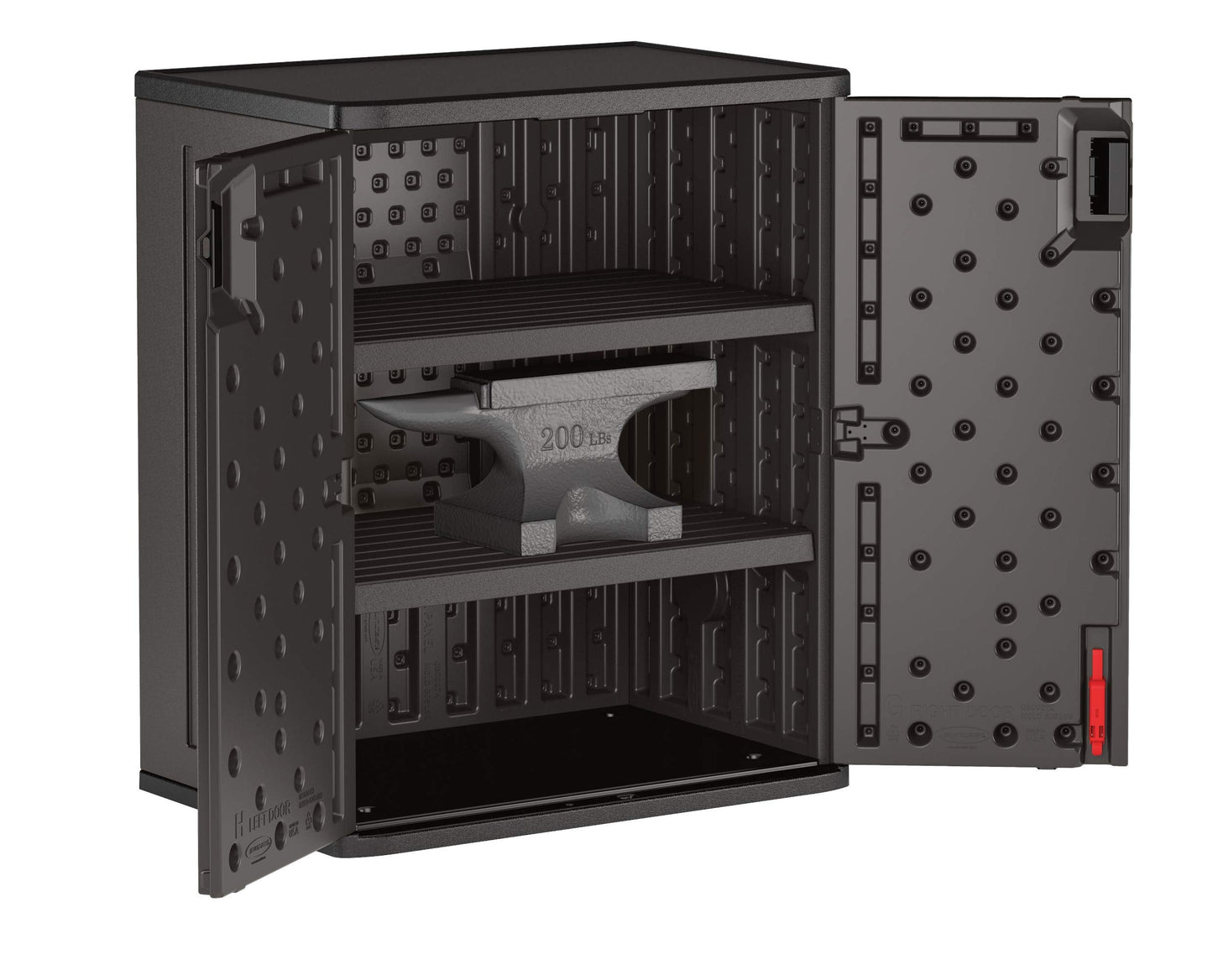 Suncast Heavy-Duty Resin Outdoor Storage Cabinet, 30" W x 20.25" D x 36" H Dark Grey Base Garage Storage Cabinet with Lockable Doors and Metal Reinforced Shelves, Made in The USA