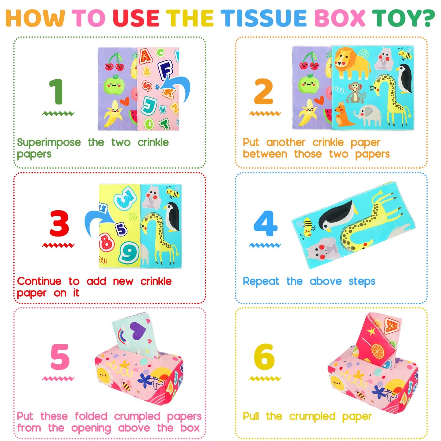 Baby Tissue Box - Montessori Toys for 6-12 Months, 1 Year Old - Soft Stuffed High Contrast Crinkle Infant Sensory Toy, Boys&Girls Toddler Early Learning Baby Gifts