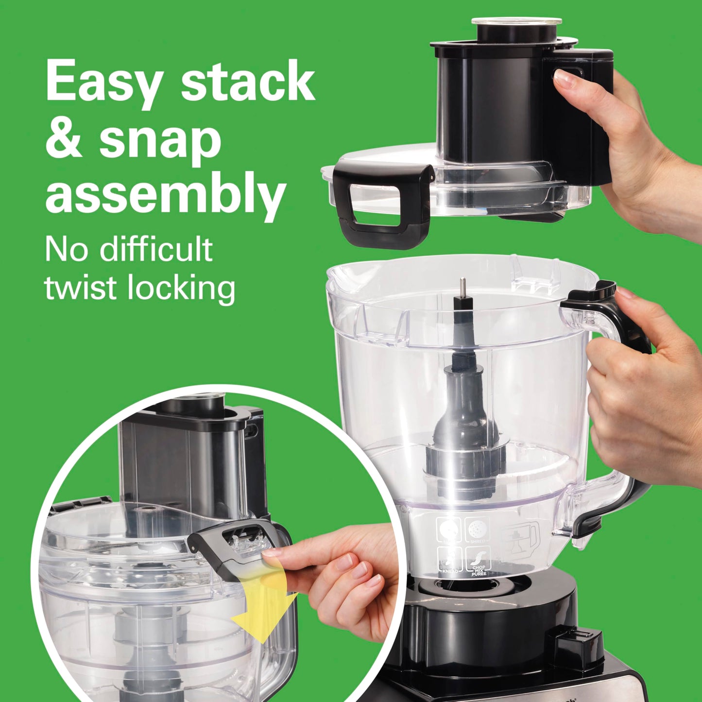 Hamilton Beach Stack & Snap Food Processor and Vegetable Chopper, BPA Free, Stainless Steel Blades, 14 Cup + 4-Cup Mini Bowls, 3-Speed 500 Watt Motor, Black (70585)