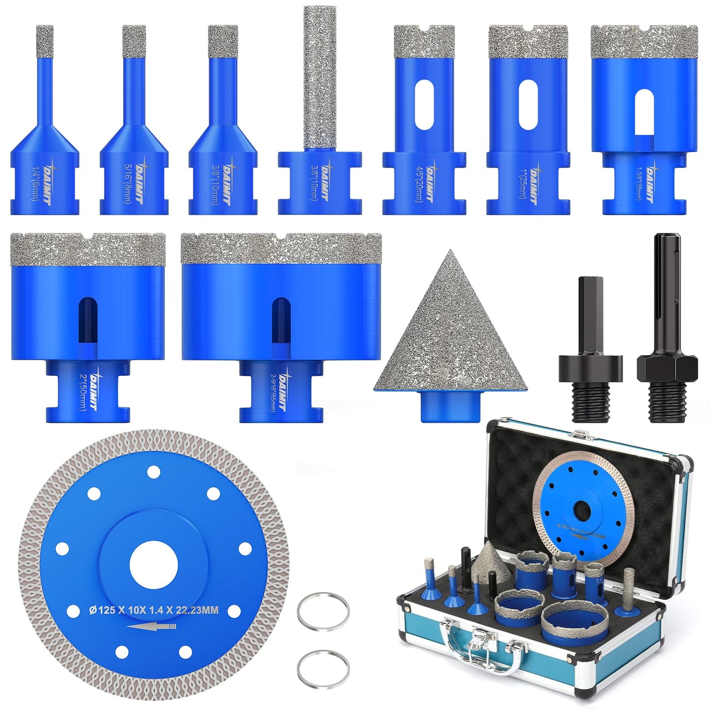 DAIMIT 13-Piece Diamond Drill Bits Set | Vacuum-Brazed Core Hole Saws (5/8"-11 Arbor) for Tile, Marble & Porcelain | Wet/Dry Use | Granite & Glass Cutting Kit