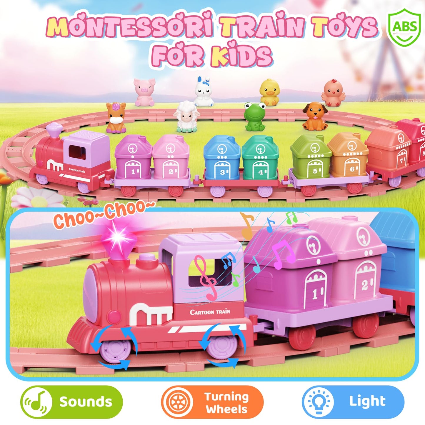 Cmiolacuna Train Set for Girls 2-4, Electric Toy Train with Farm Animals & Music & Lights, Montessori Counting & Sorting Learning Toys for Toddler Girls 1 2 3 Year Old, Christmas Easter Birthday Gift