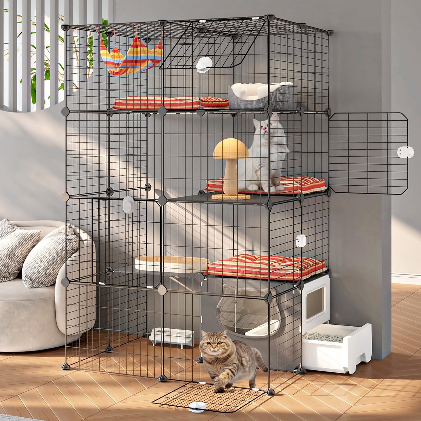 Oneluck Cat Cage with Litter Box, 4-Tier DIY Enclosures Detachable Metal Wire Kennel Catio Indoor Crate Large Exercise Place Ideal for 1-2 Cats