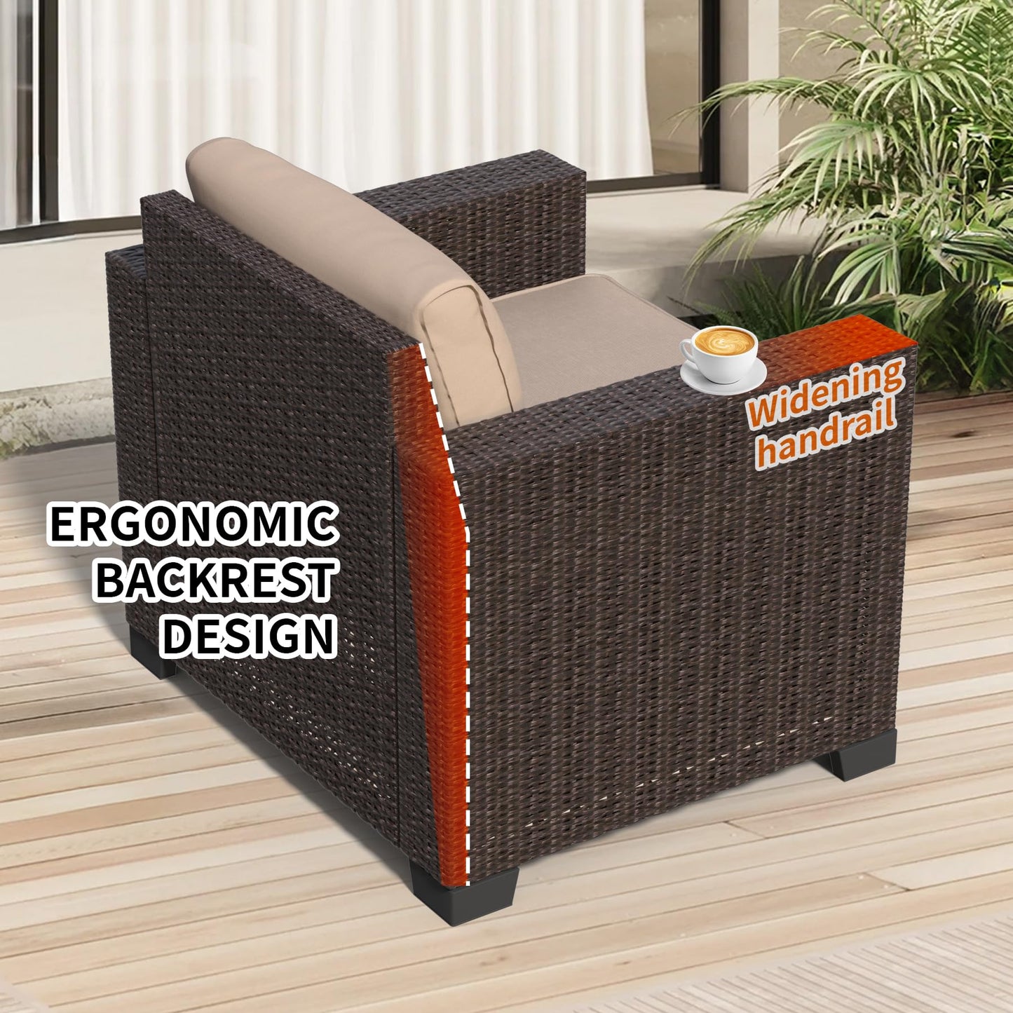 7 Pieces Patio Furniture Set Wicker Outdoor Furniture All-Weather Outdoor Sofa with Thick Cushions & Coffee Table Patio Conversation Set for Lawn, Patio, Balcony, Deck, Poolside, Brown&Beige