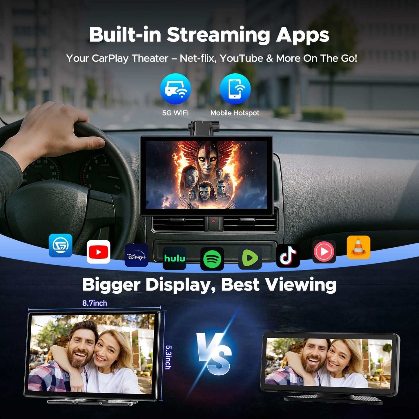 Volam 9'' Carplay Screen with Net-Flix YouTube and AHD Backup Camera Upgraded Wireless Android Auto Screen Portable AI Magic Video Box Built-in Apps Voice Control Car GPS for iOS 10+ Android 11+