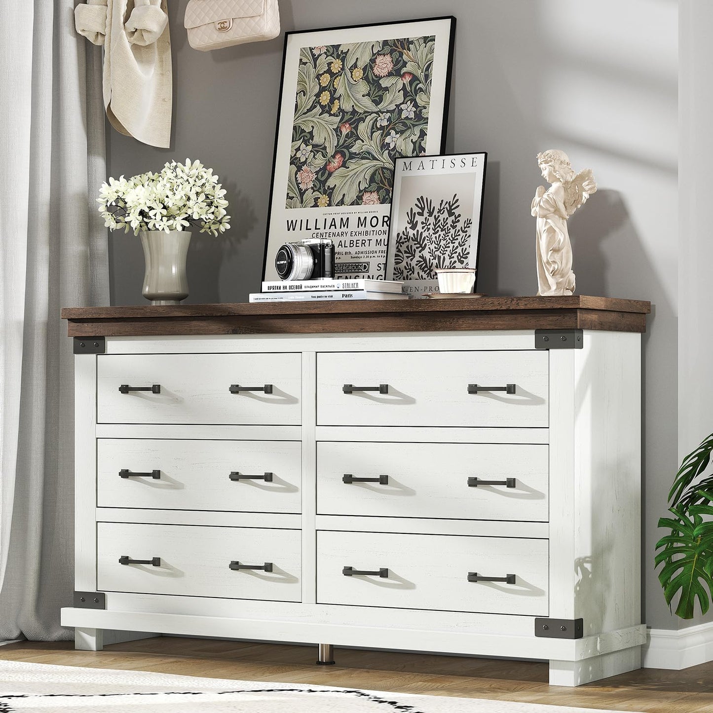 AMERLIFE Farmhouse 6 Drawers Dresser Chests for Bedroom, Wood Large Chest of Drawers/w Thick Plank Styling, Rustic Heavy Duty Closet Storage Dresser Organizer, Living Room, Hallway, Antique White