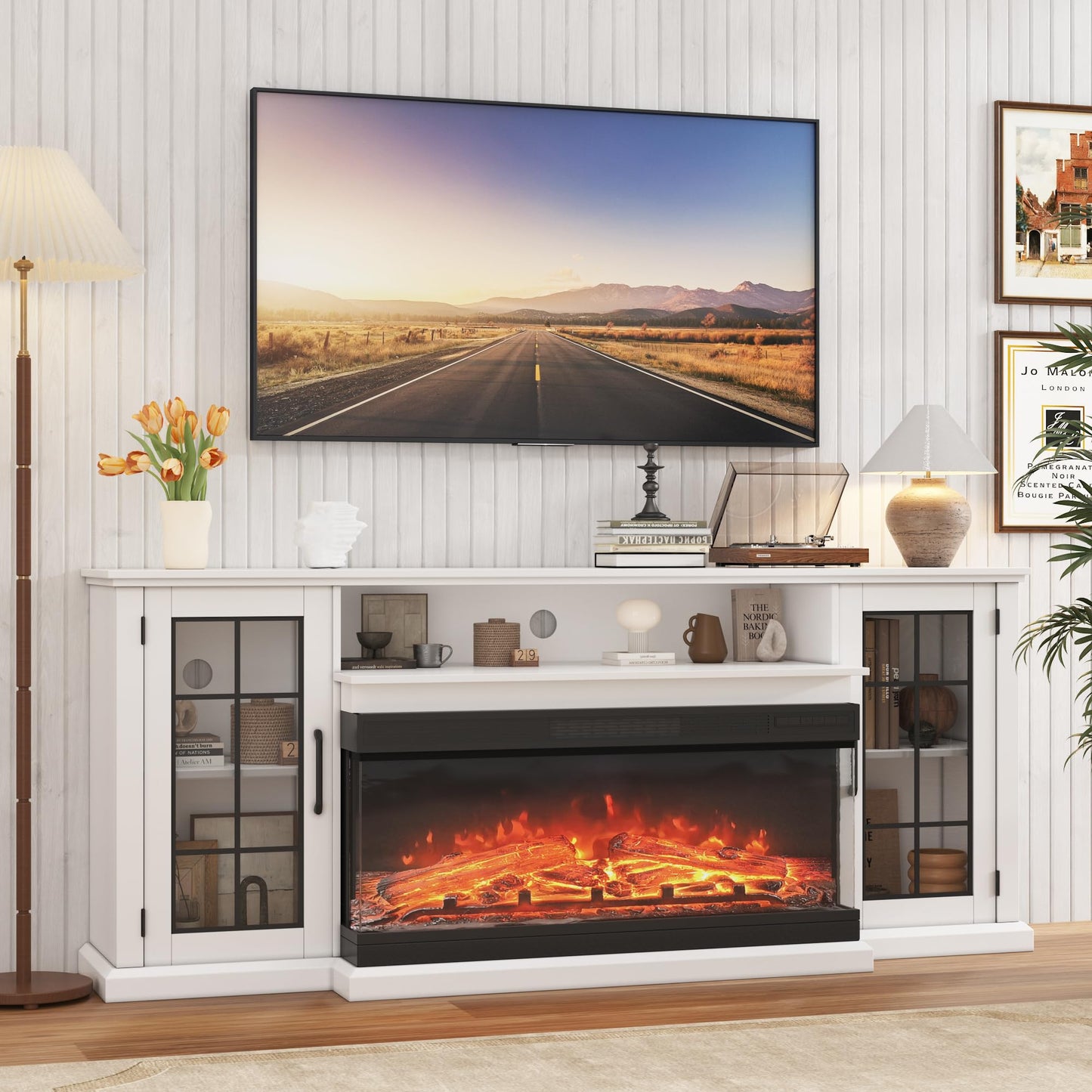 PeakPursuit Fireplace TV Stand, 75'' TV Stand with Fireplace, 40'' Electric Fireplace Insert with Realistic 3D Flame Effect and LED Lights, Entertainment Center with Fireplace, White