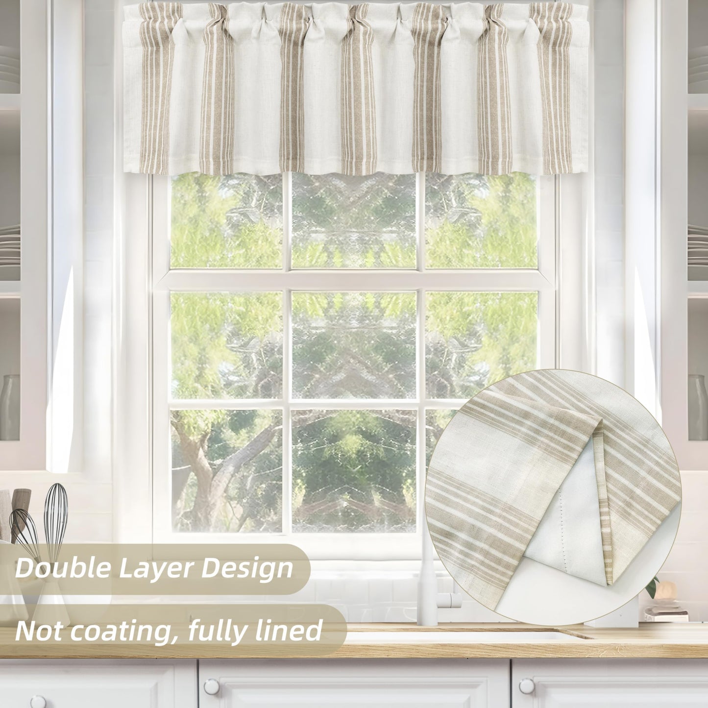 DriftAway Chris Linen Lined Valance 2 Layer Thermal Insulated Room Darkening Blackout Window Valances 3 Inch Rod Pocket Vertical Striped Kitchen Valance for Bathroom 52 Inch by 14 Inch Camel Beige