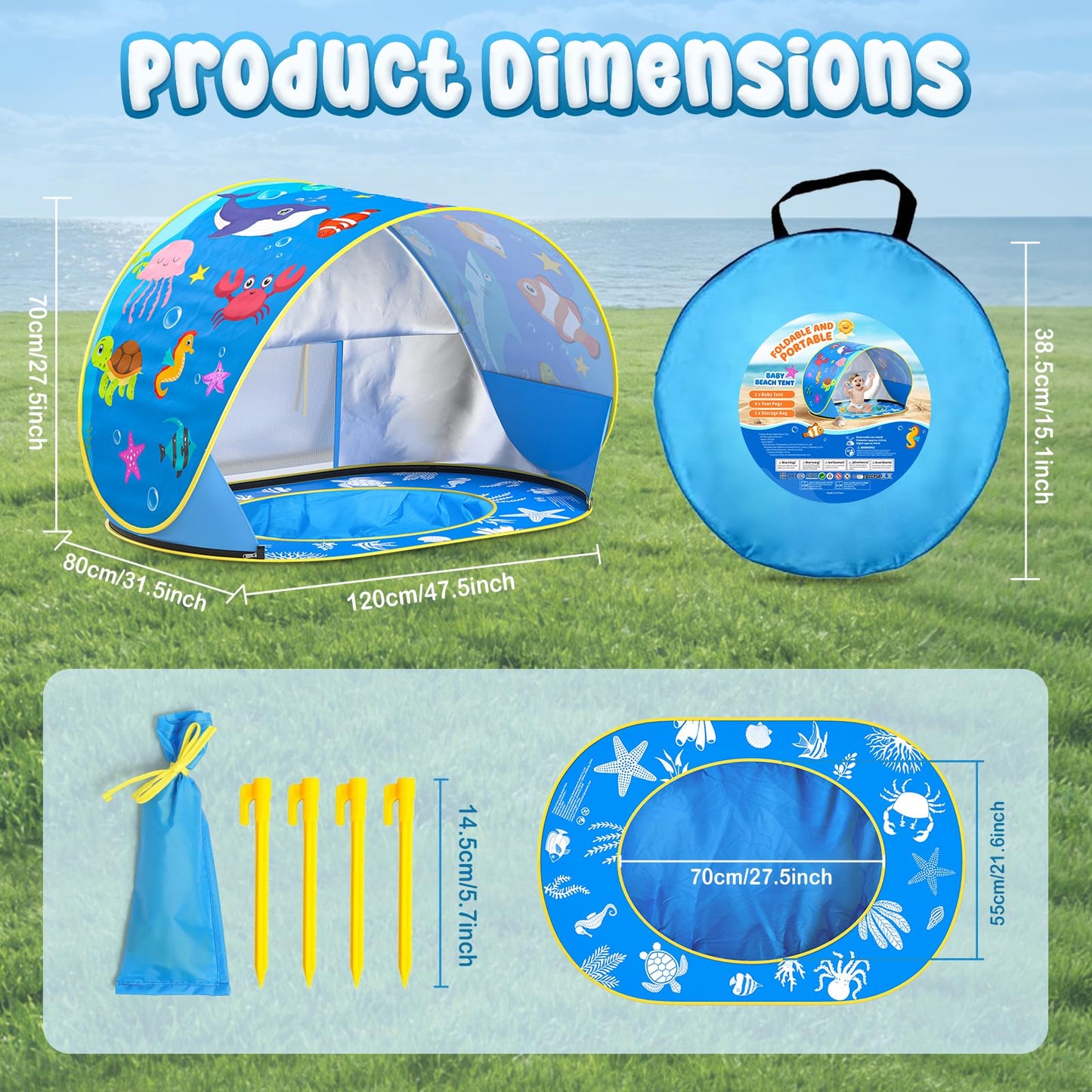 AZDYJL Baby Beach Tent with Pool, Pop Up Beach Tent UV Protection Sun Shelter for Infant Toddlers, Portable Shade Pool Tents Baby Beaches Essentials with Carry Bag for Outdoor, Travel, Camping