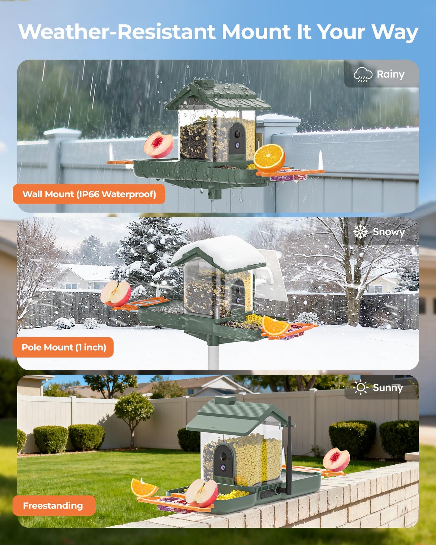2-in-1 Bird Bath and Bird Feeder with Cameras Solar Powered 2K Dual Cameras Birds Feeder and Bath for Outside Yard Garden, Gift for Dad Mom Kids (Dark Green + Orange)