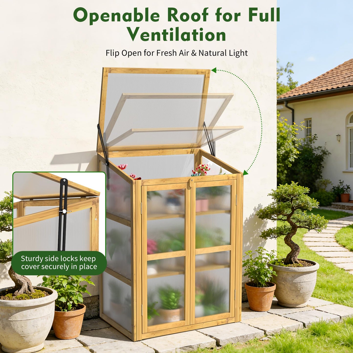 HOOYEAH Wooden Cold Frame Greenhouse, Small 3-Tier Greenhouse Cabinet with Adjustable Shelves & Flip-Top Ventilated Roof for Outdoor and Indoor Use
