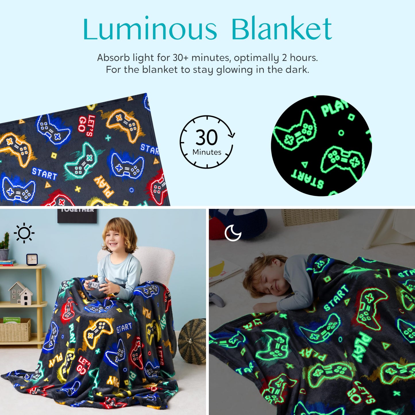 Joiedomi Glow in The Dark Gaming Blanket Gamer Gifts for Boys Age 2 3 4 5 6 7 8 9 10 11 12 Year Old, Soft Cozy Flannel Kids Throw Blanket, Birthday Bedroom Decor Grey 50"×60"