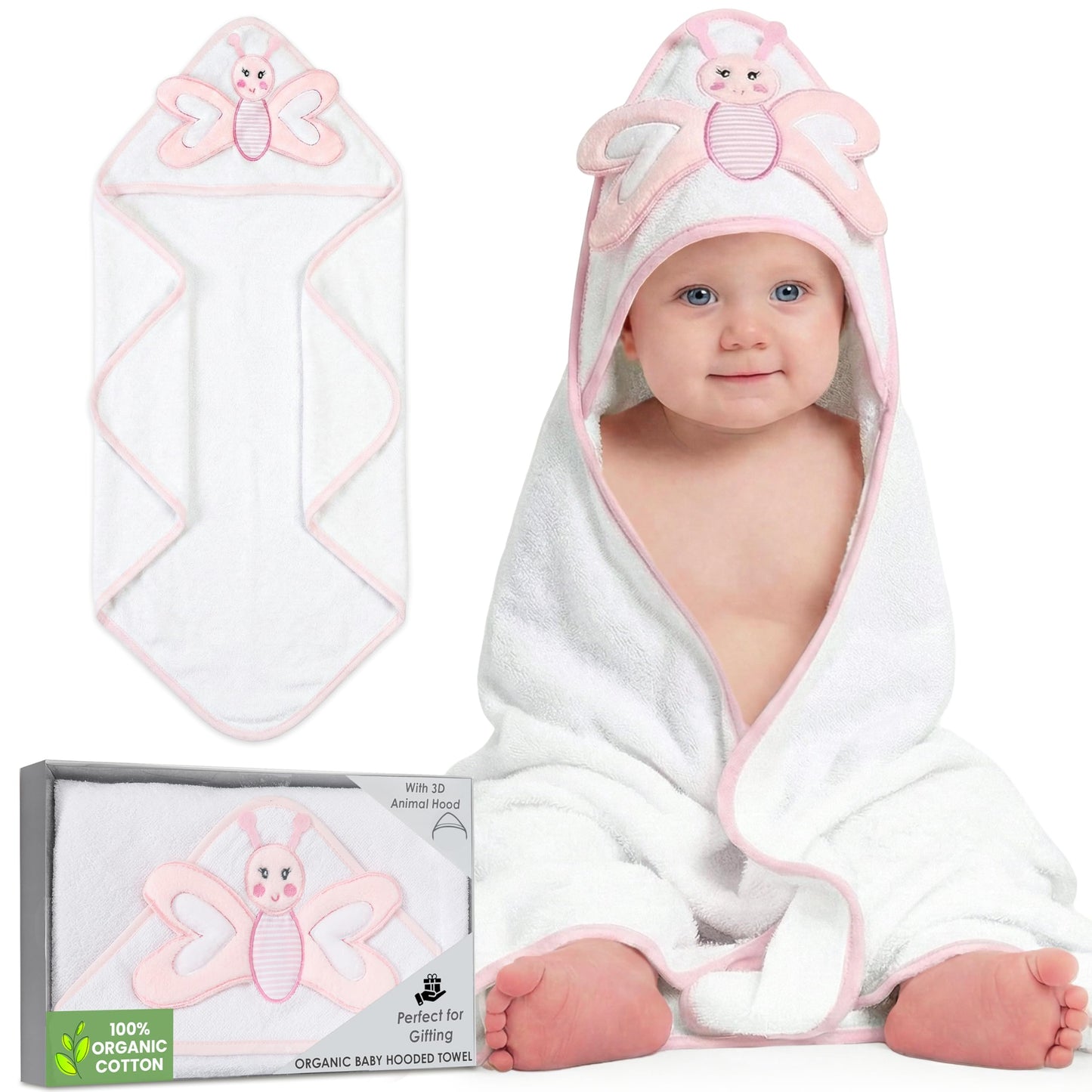 Mother's Choice Baby Towels 100% Organic Cotton Hooded Design, Large Size Baby Bath Towels, Ultra-Soft & Absorbent for Newborns, Infants, Toddlers, Boys & Girls with Animal Hood (Butterfly)