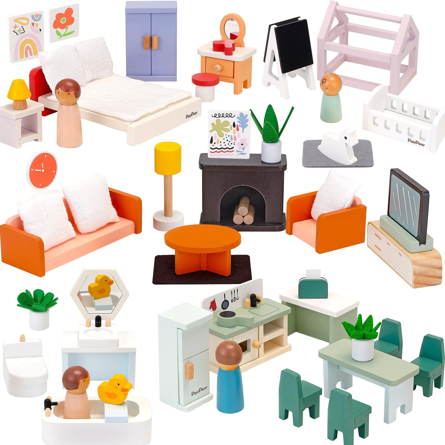 PairPear 56 Pcs Wooden Dollhouse Furniture with Family Dolls, Solid Wood Large Dollhouse Accessories for Toddlers 3 4 5 6, Pretend Play Furniture Toys Gift for Birthday and Christmas