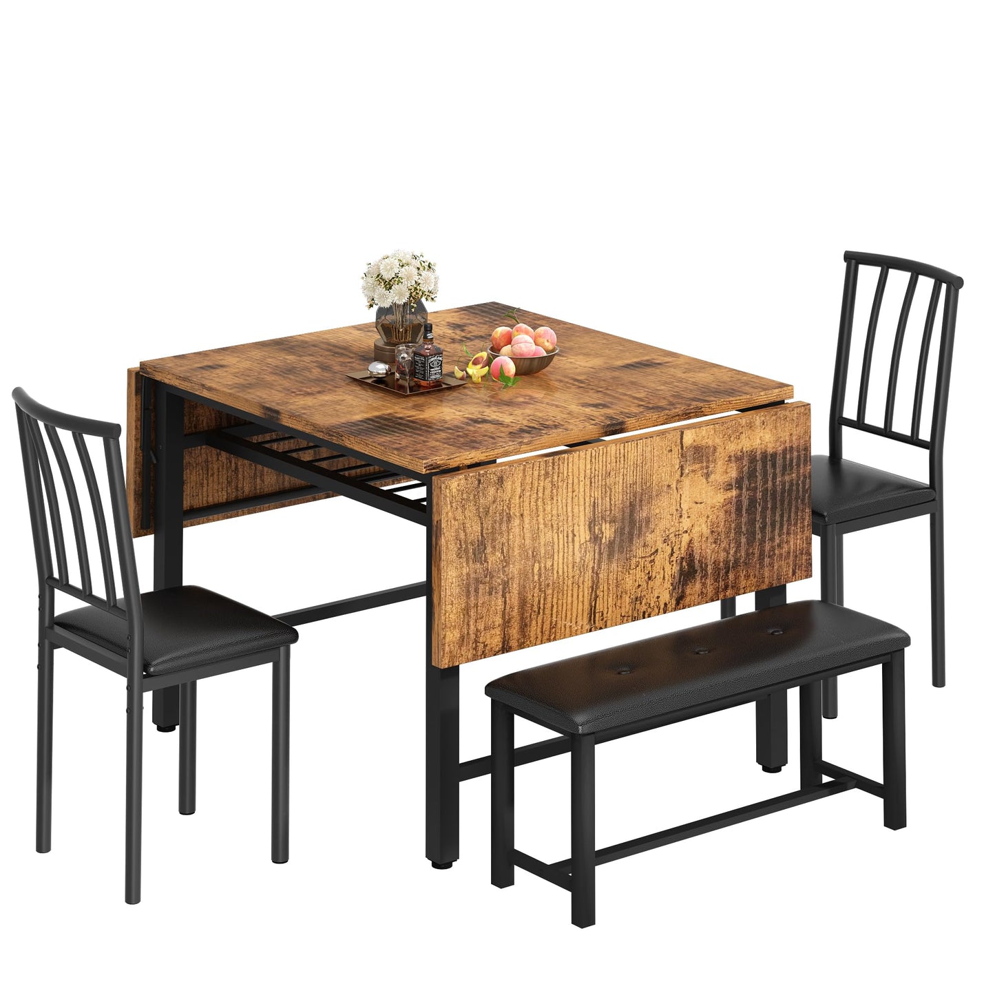 Lamerge 4-Piece Dining Table Set for 3-6 People, 63" Extendable Kitchen Table Set with 1 Bench and 2 Backrest Chairs, Faux Wood Table Square Dining Table Set with Drop Leaf for Small Space