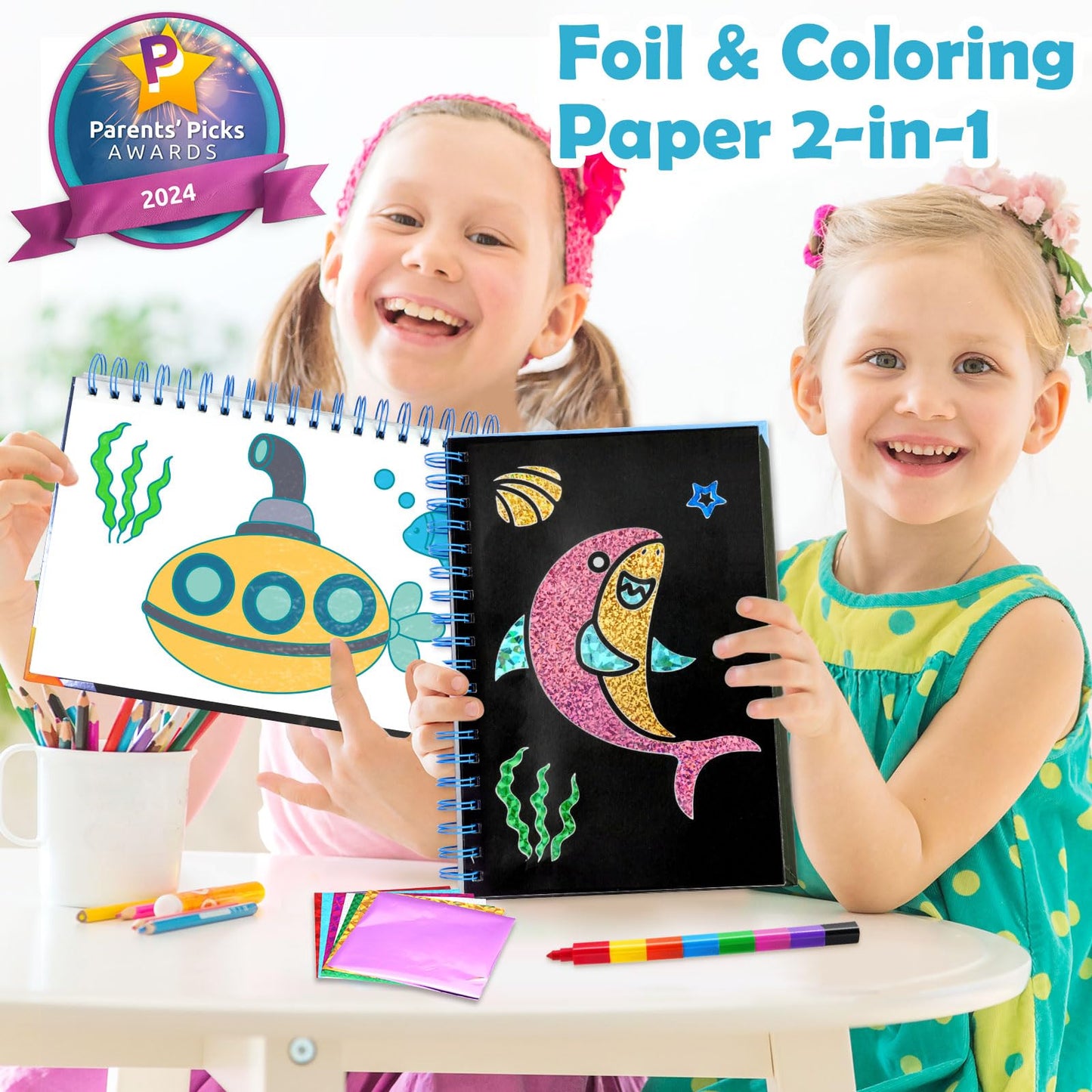FUNNYB&G Foil Art Craft Kit for Girls 4-10 Years Old: Mess-Free & No-Glue, Create 16 Sparkly Ocean Pictures – Perfect Travel Toy & Birthday Gift for Kids (Ocean)