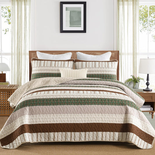 DJY Striped Quilt Set Queen Size, Boho Brown Green Striped Bedspread Coverlet Set Soft Microfiber Patchwork Quilt Bedding Set 3 Pieces for All Season(96"x90")
