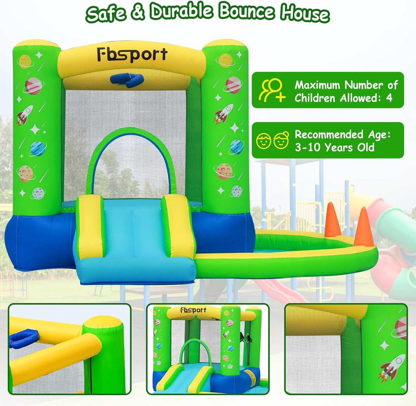 FBSPORT Inflatable Bounce House, Kids Bounce Castle Slide for Indoor Outdoor,Toddler Baby Jumper Bouncer, Kids Jumping Bouncy House with Blower, Ball Pit Pool, Basketball Hoop, Dart Game, Green