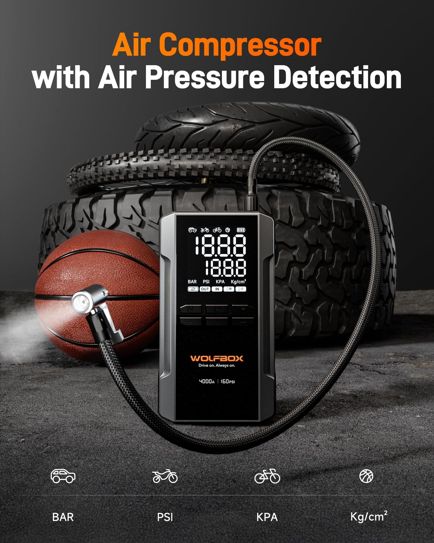 WOLFBOX 4000A Jump Starter with 160PSI Air Compressor & X3 Dash Cam
