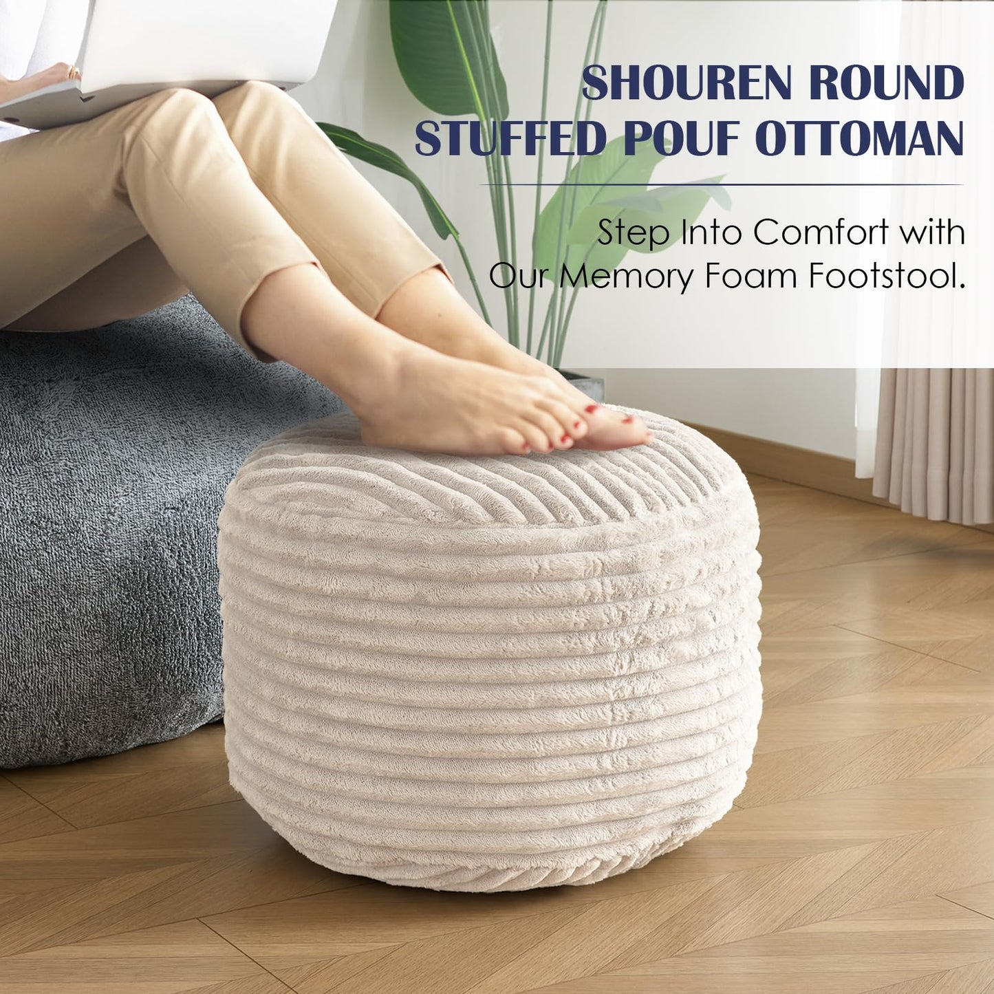 SHOUREN Stuffed Round Pouf Ottoman,Corduroy Foot Rest with Shredded Foam Filling, Lightweight and Fluffy Pouf Storage Ottoman for Living Room,Floor Poufs for Couch,20"x15", Beige