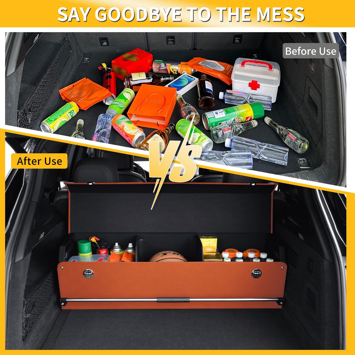 XCF Car Trunk Organizer, Collapsible Sturdy Trunk Storage Container with Lid and Handle Large Leather Car Trunk Storage (Orange, 39.7 x 11.4 x 12.2in)