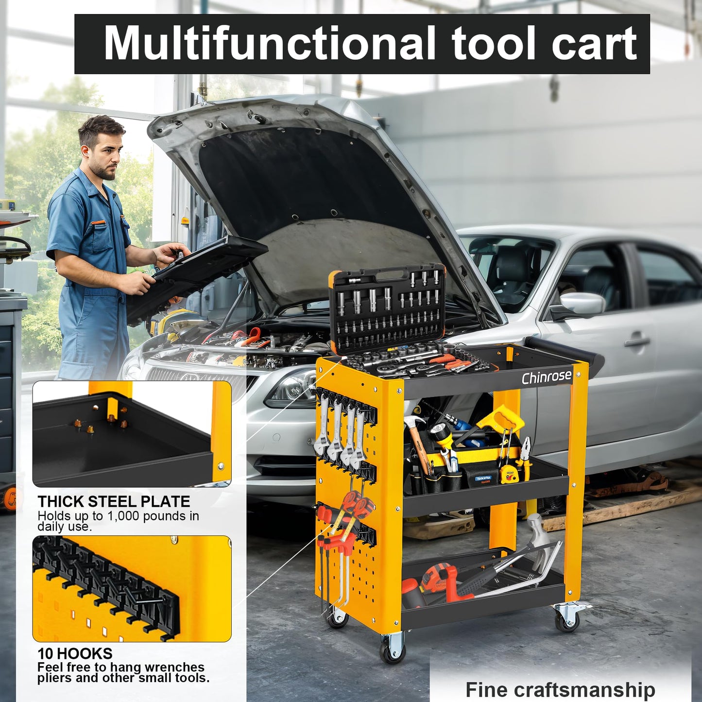 3 Tier Rolling Tool Cart on Wheels, Mechanic Storage Organizer, Rolling Work Cart with Pegboard for Garage, Workshop, Warehouse (Black&Yellow)