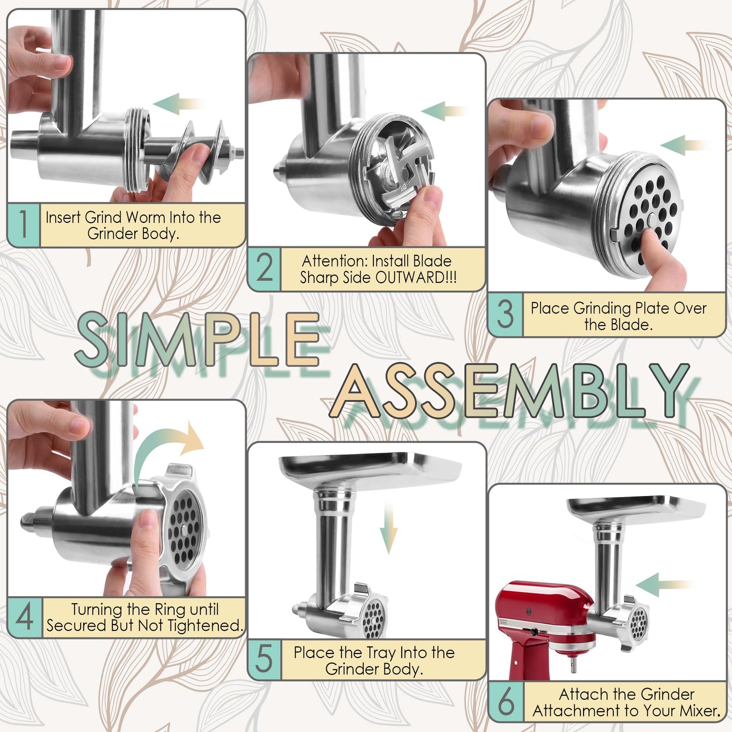 EZATO Stainless Steel Meat Grinder Attachments for KitchenAid, Sausage Stuffer, Compatible with KitchenAid Stand Mixer of All Models, Dishwasher Safe