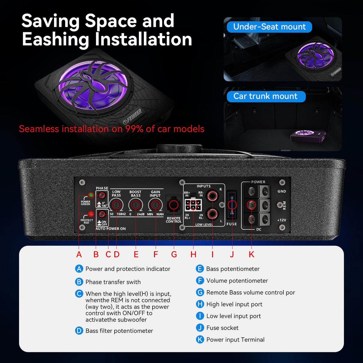 Feikeer 2026 10" 1200W UnderSeat Car Subwoofer, with Multicolor LED Lighting, Deep Bass Enhancement. Subwoofer and Amp Package for a Dynamic Driving Experience with Bass Melodies