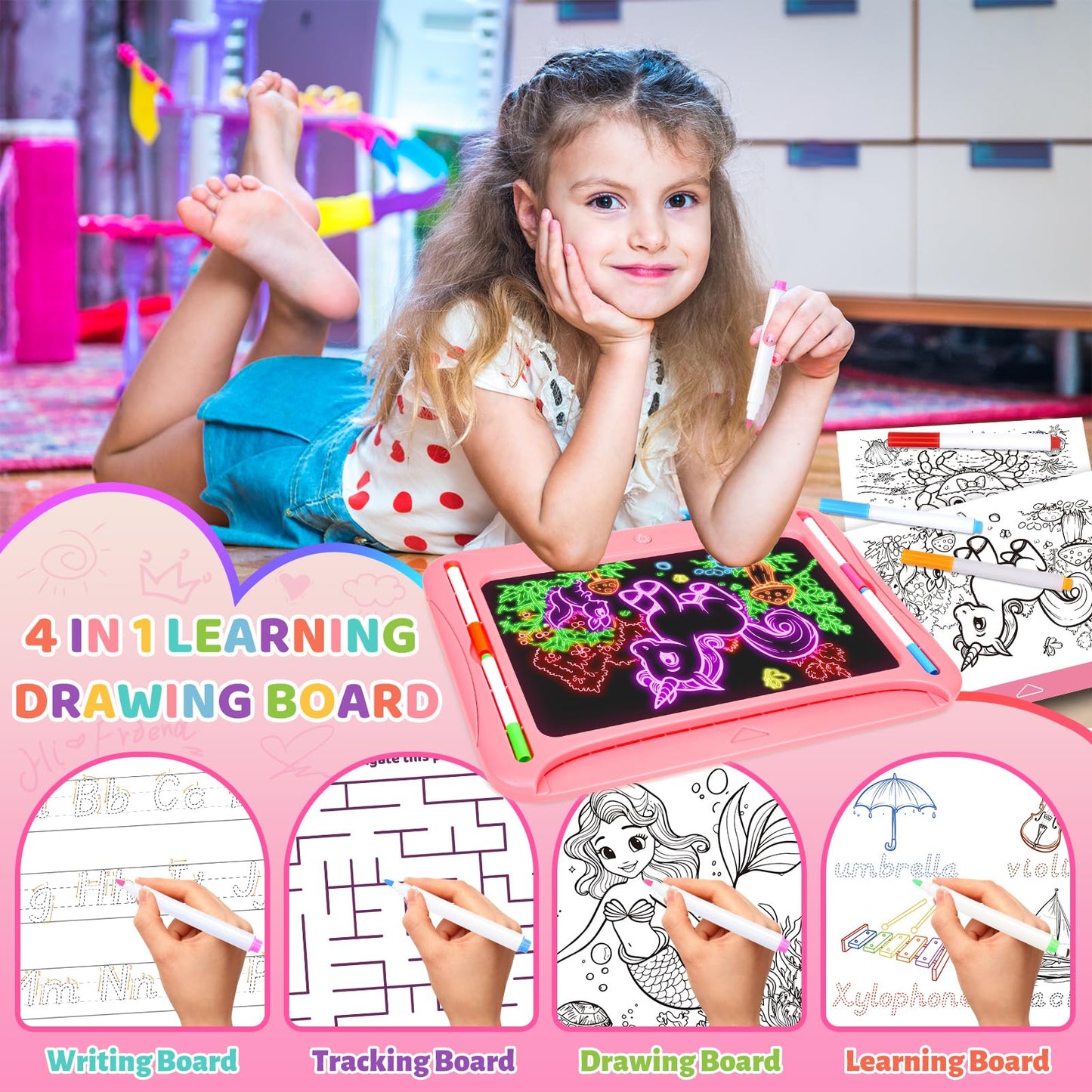 Magic LED Drawing Board for Kids, Girl Toys for Ages 5-7, Christmas Birthday Gifts, Light Up Tracing Pad, 9 Double-Sided Cards, 6 Markers, Neon Effect Doodle Writing Tablet, Arts Crafts Learning Toy