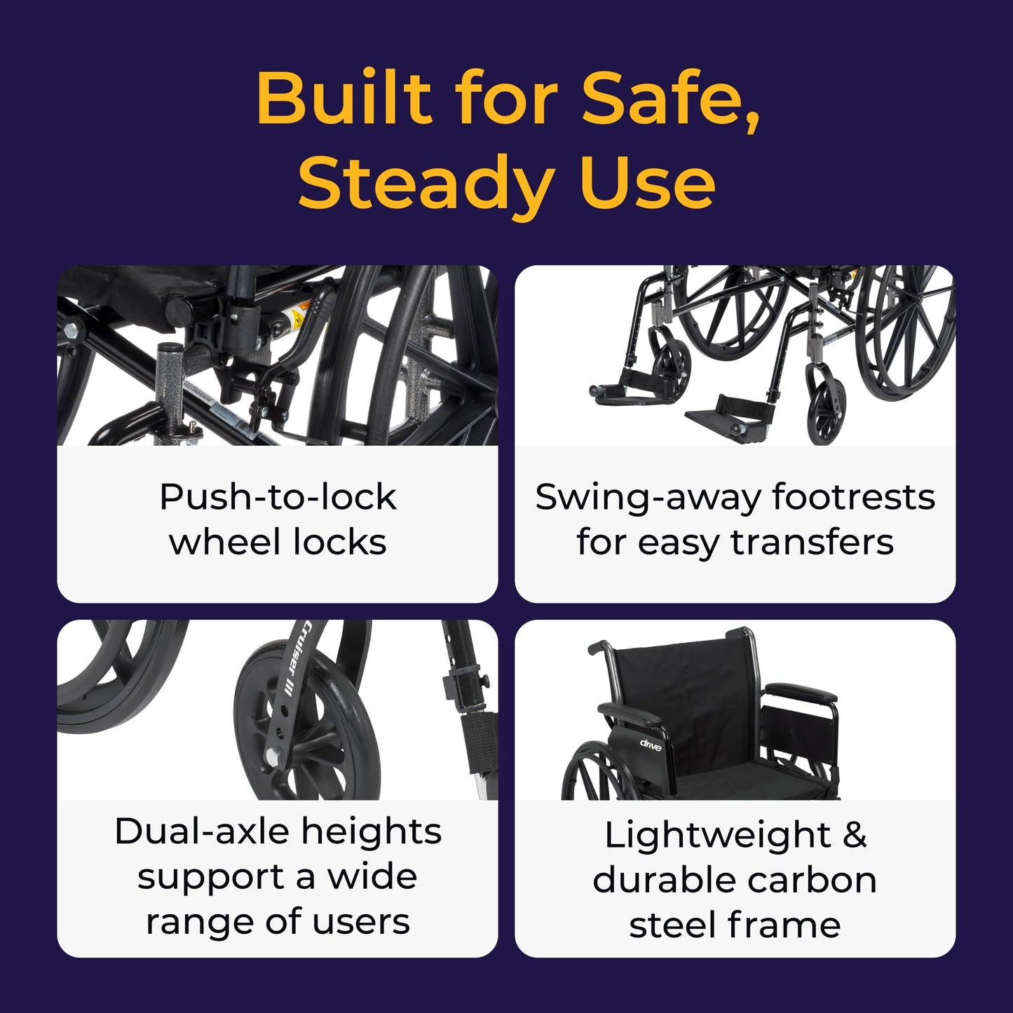 Drive Medical Cruiser III Lightweight Wheelchair - Enhanced Mobility Support - Adjustable Seat & Arm Options - Durable Carbon Steel Construction - Smooth-Rolling Mag Wheels - 20 Inch Seat