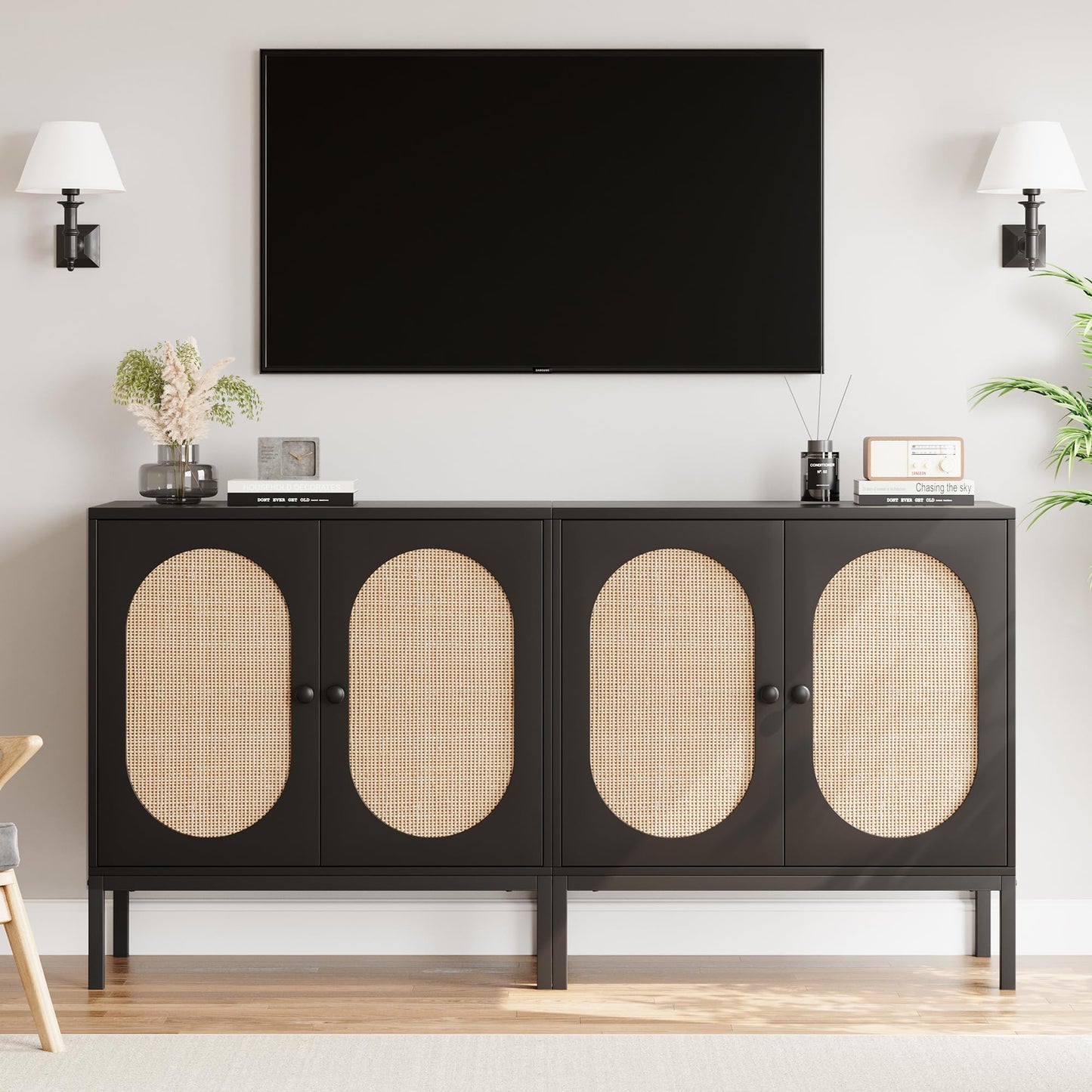 IDEALHOUSE Buffet Cabinet, Rattan Storage Cabinet with Doors and Shelves, Accent Cabinet Sideboard, Wood Console Cabinet with Storage Entryway Cabinet for Living Room, Dining Room, Hallway (Black)
