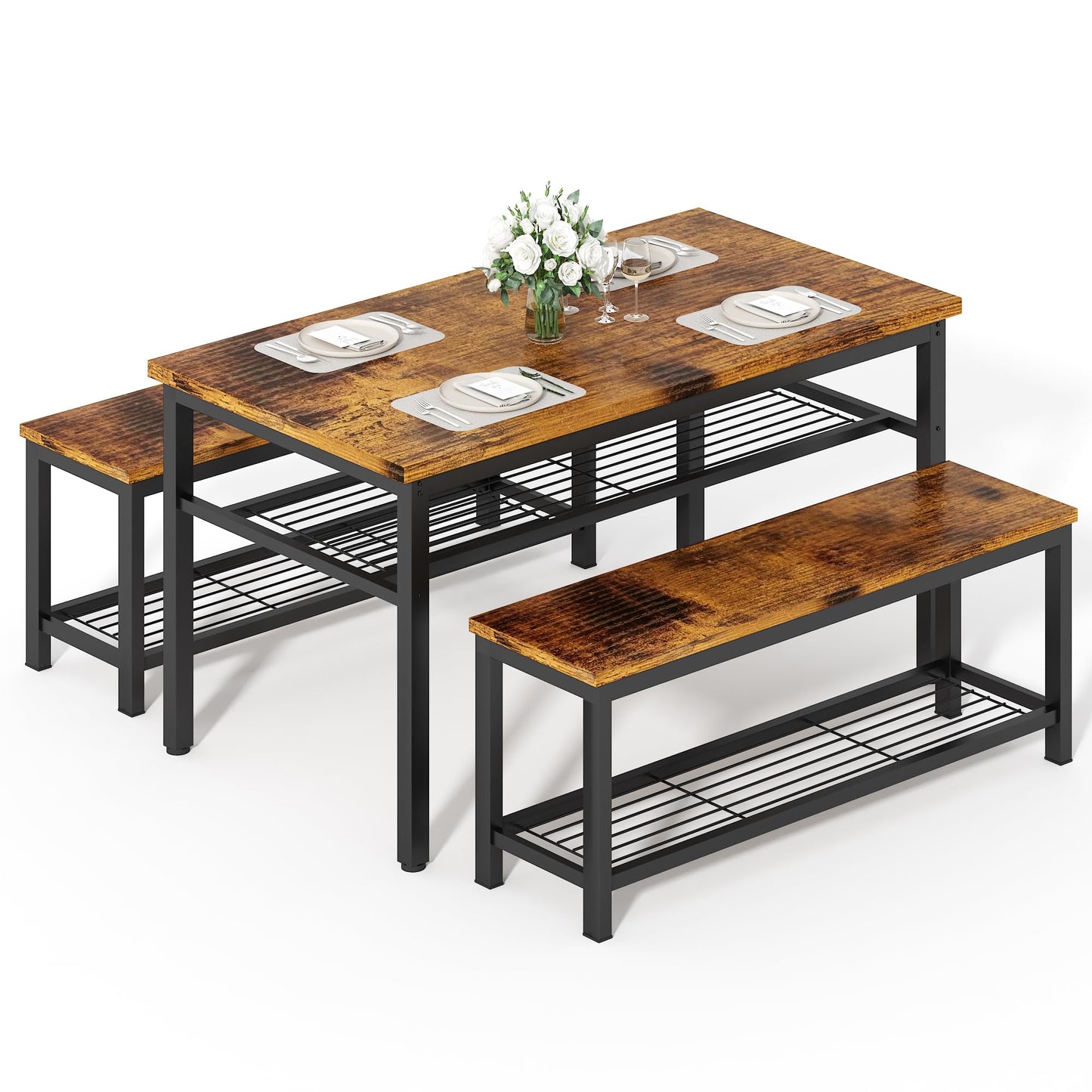 Lamerge 3-Piece Dining Table Set, Industrial Kitchen Table and Chairs Set for 4, Dining Table and 2 Benches with Storage Shelf, Dining Table Set for Dining Room Kitchen, Rustic Brown