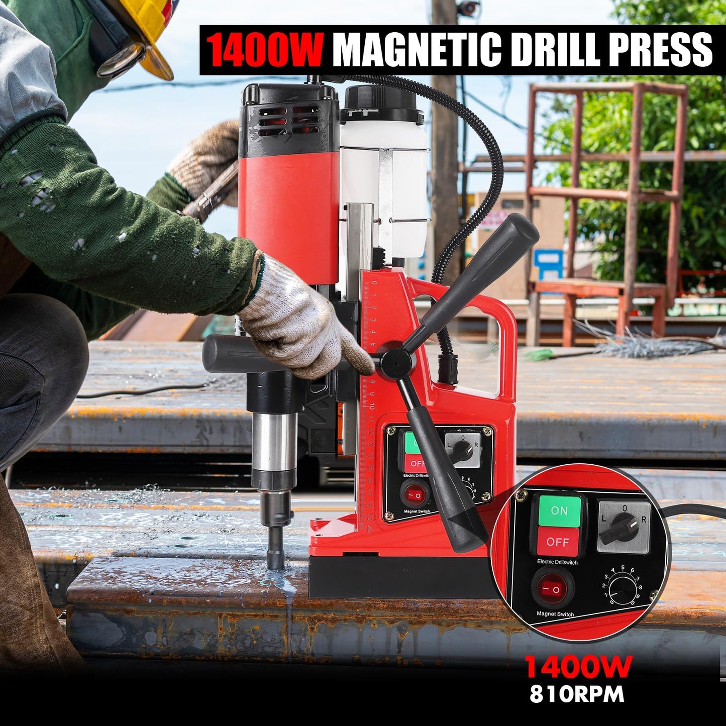 COZONY Mag Drill Press, 1400W 810RPM Portable Magnetic Drill Press, 10-Speed Core Electric Drilling Machine for Metal Working,10Pcs Annular Cutters Drilling Bits，Red