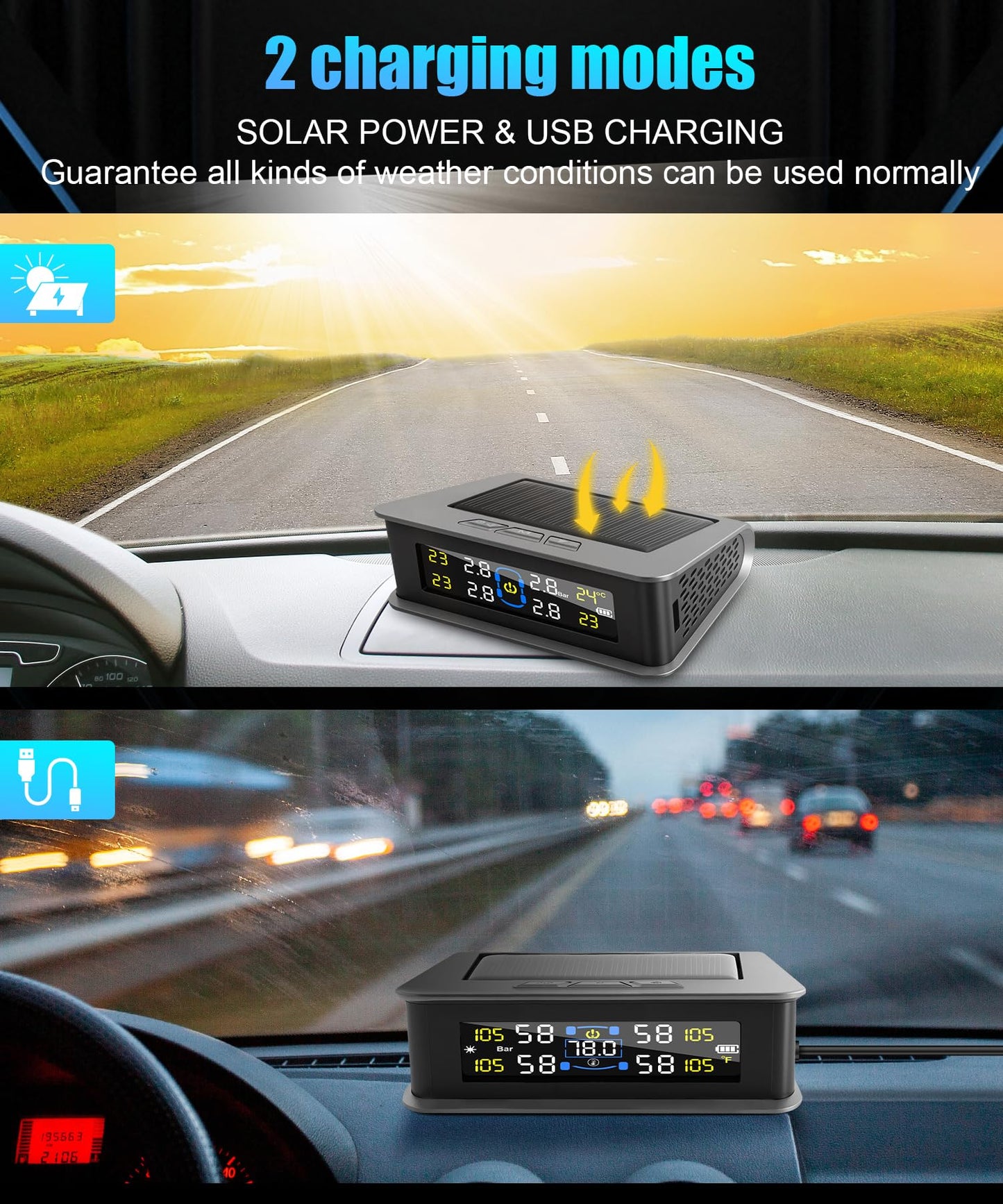 Tire Pressure Monitoring System, RV Tire Monitoring System with Solar Charge Tire Pressure Monitor Real-Time Display 2025 Updated tire pressure monitor system Interior Temperature Display for Rv Suv