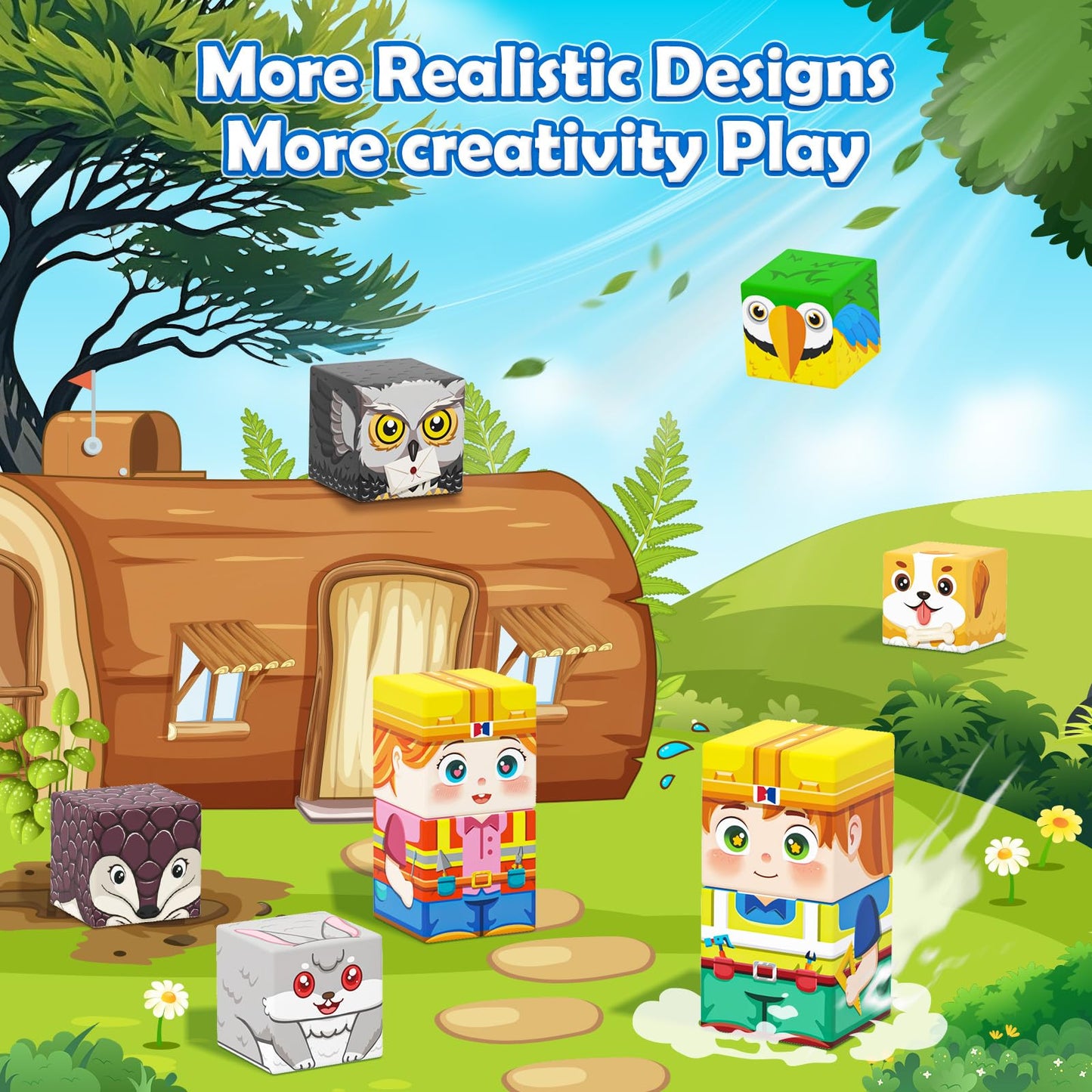 Matchtiles Magnetic Blocks with Animals, Magnetic Building Blocks Magnet Cube Toys Stacking, Build Forest World Set, STEM Montessori Sensory Toys for Gifts (100 Forest Animals)