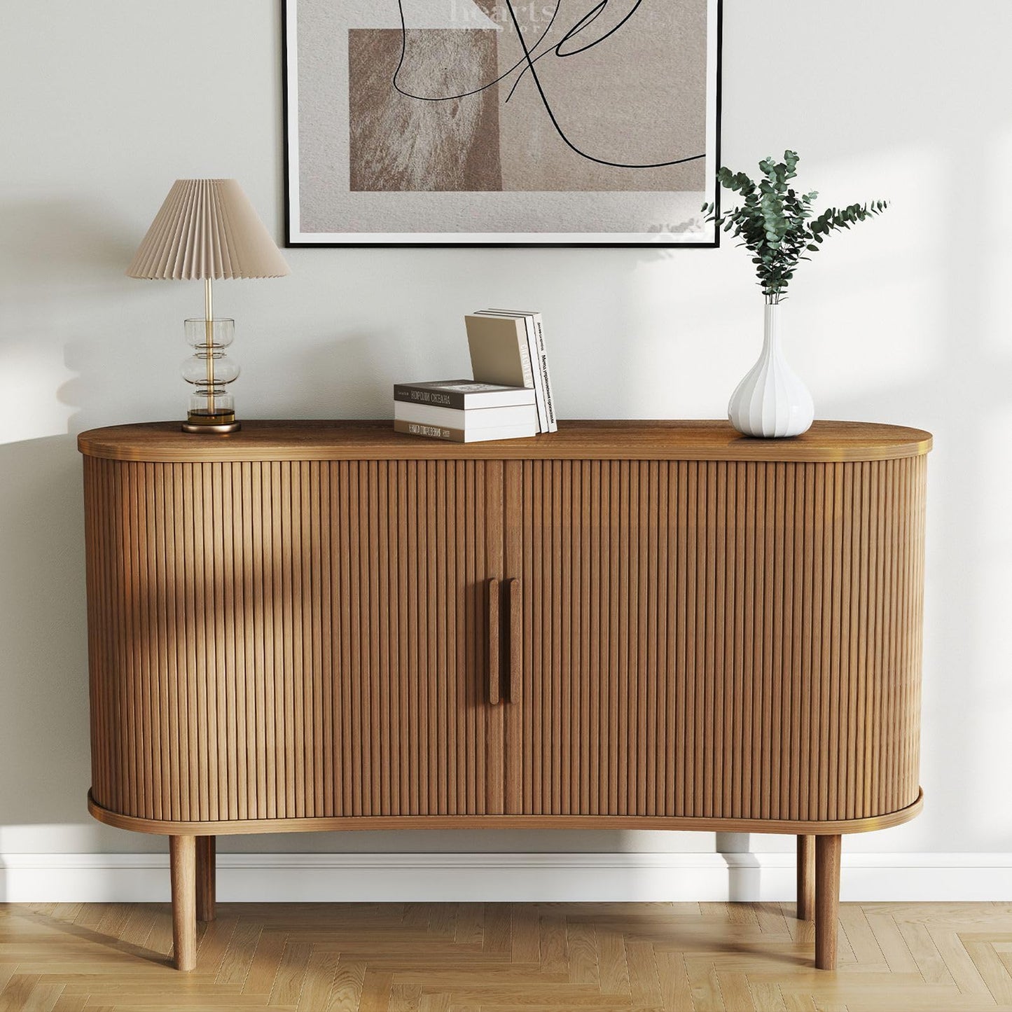 AraSyleon Mid-Century Modern Sideboard Buffet Cabinet, 55" Storage Cabinet with 4 cabinets, Decorative Fluted Sliding Doors for Bedroom Dining Room Small Space, Walnut Finish, Walnut