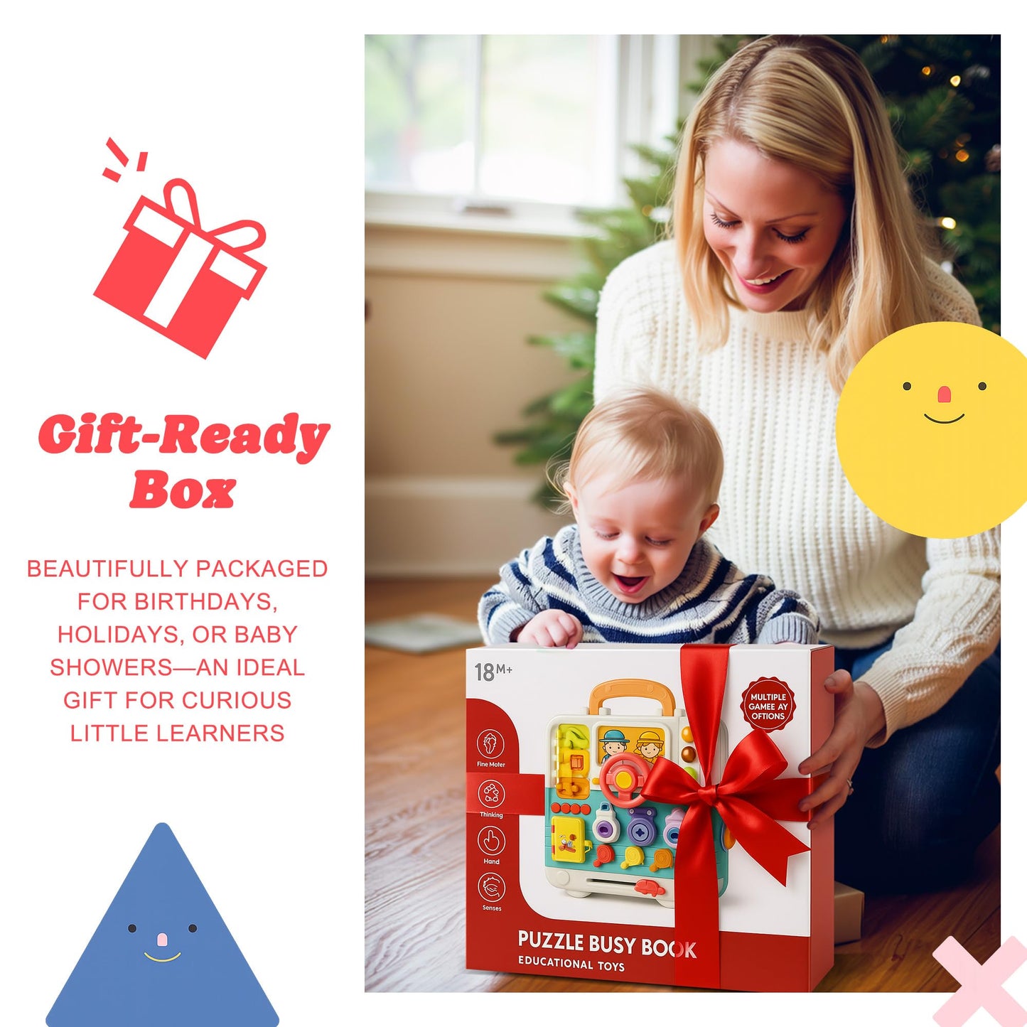 ROHSCE Baby Soft Blocks 34 PCS + Montessori Busy Board, Blocks 6-12 Months, STEM Stacking Toys, Sensory Activity Board Toddlers 1-3, Lights & Music, Travel Toy Airplane/Car, Gifts for Boys Girls