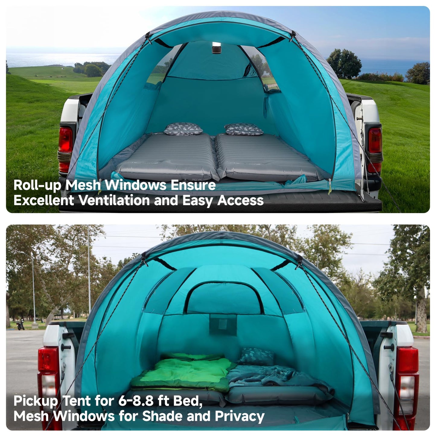EighteenTek Adjustable Pickup Truck Tent Pop Up, Waterproof PU2000mm Spacious and Full Size Double Layer Length Adjust for 6-8.8 FT Truck Bed Tent for 4 Person Portable Pick Up Tent for Camping