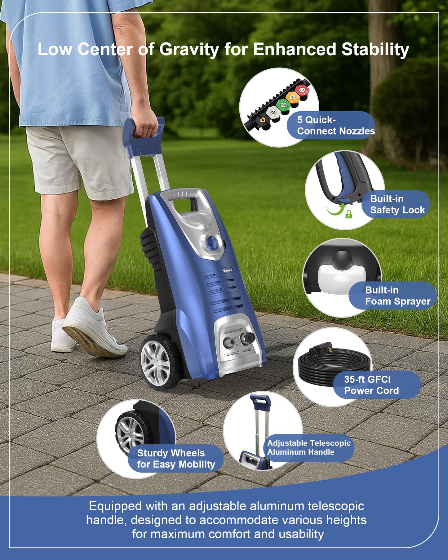 1600W Washer with 5Nozzles Set&Foam Cannon,16ft Hose,Adjustable Handle,Power Washer for Driveways, Cars, Fences, Decks, Patios&Outdoor Cleaning