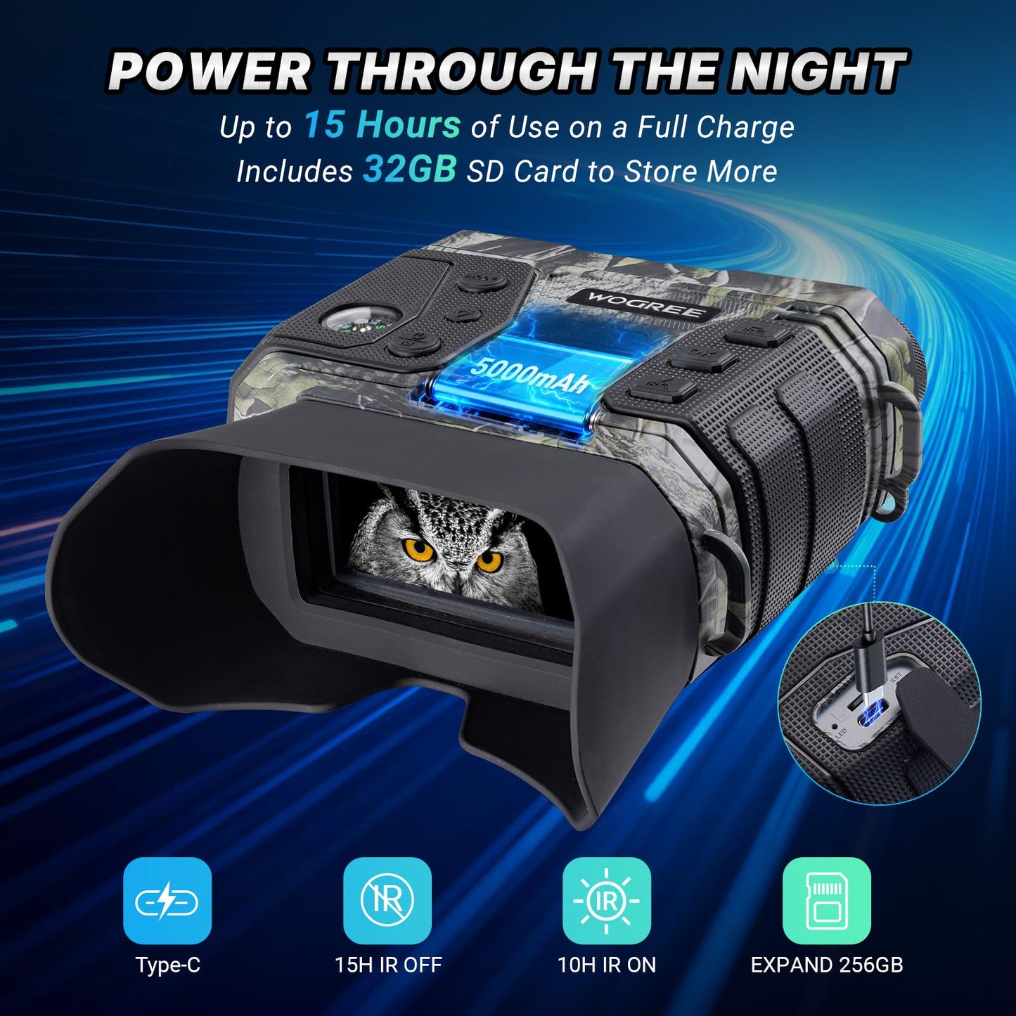 WOGREE Night Vision Goggles, 4K Night Vision Binoculars for Adults, 36MP, 1300FT Range,8X Digital Zoom, 5000mAh Battery, Flashlight & Compass, Infrared Vision, 32GB Card, for Camping & Security