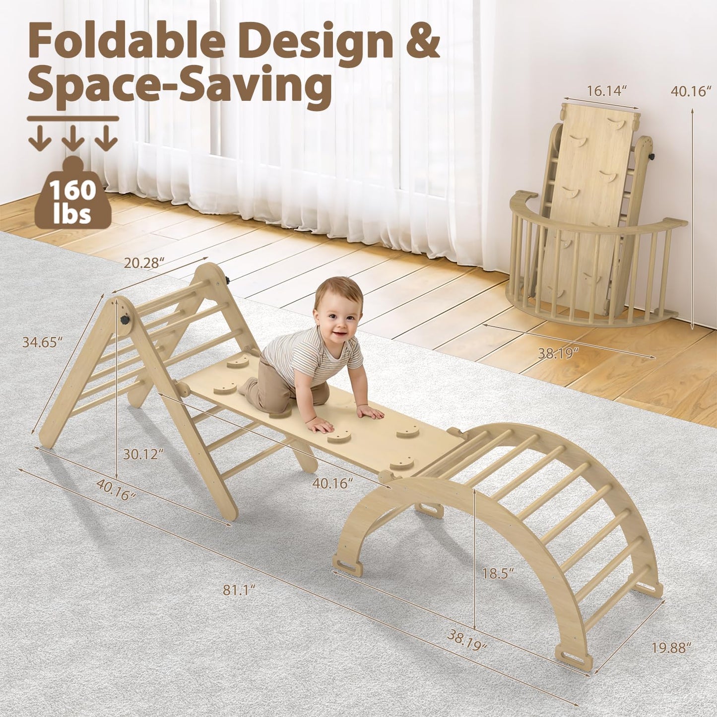 CMFYDAILY Large Pikler Triangle Set, 7-in-1 Toddler Climbing Toys Indoor, Wooden Montessori Climbing Set with Arch Ramp Ladder, Foldable Baby Jungle Gym Playground (Wood Natural)