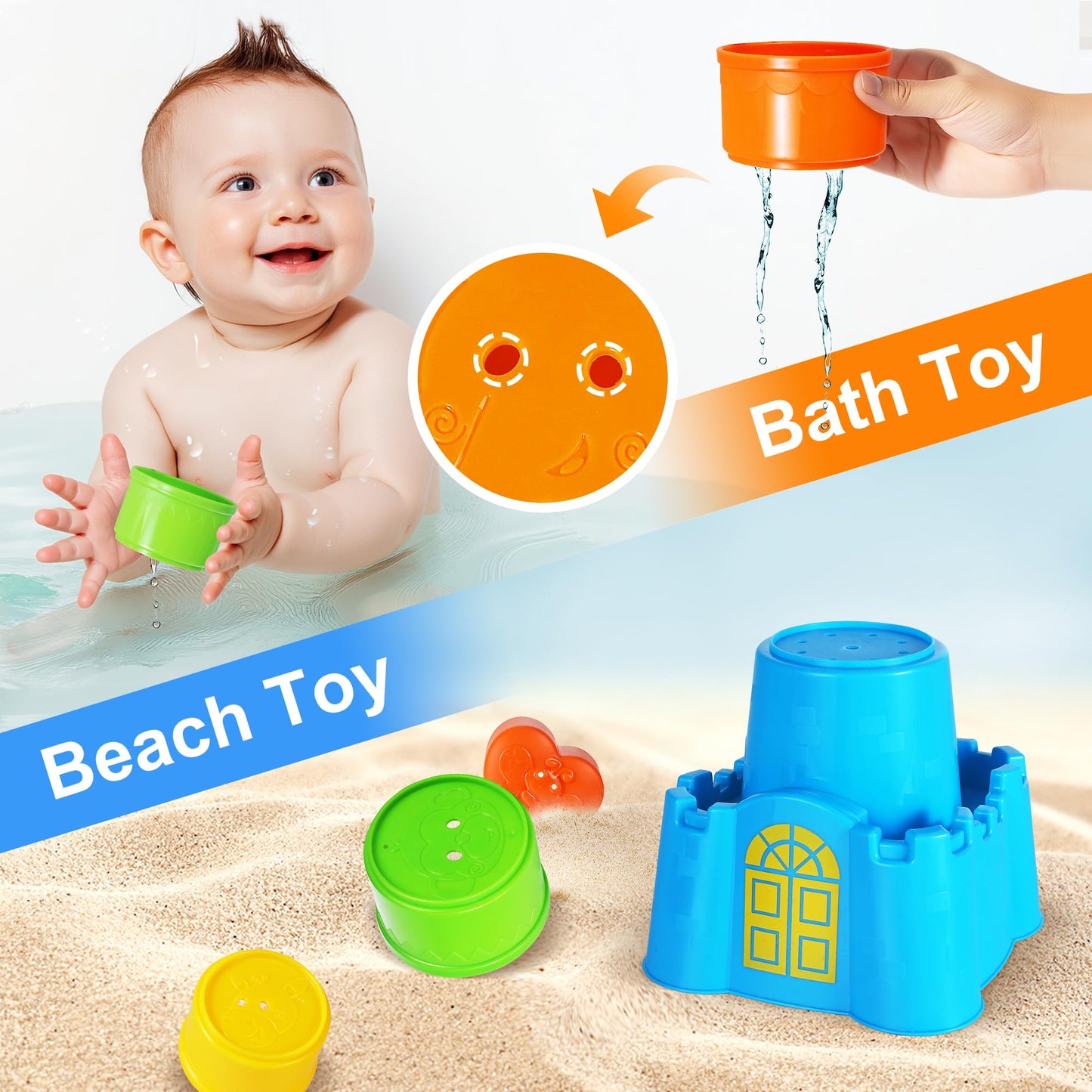 iPlay, iLearn Baby Stacking Toys, Toddler Nesting Stack Cups, Infant Stackable Block, Kids Sorting Game W/Shape Sorter for Sand Bath, Birthday Gift for 12 18 24 Month 1 2 3 Year Old Boys Girls