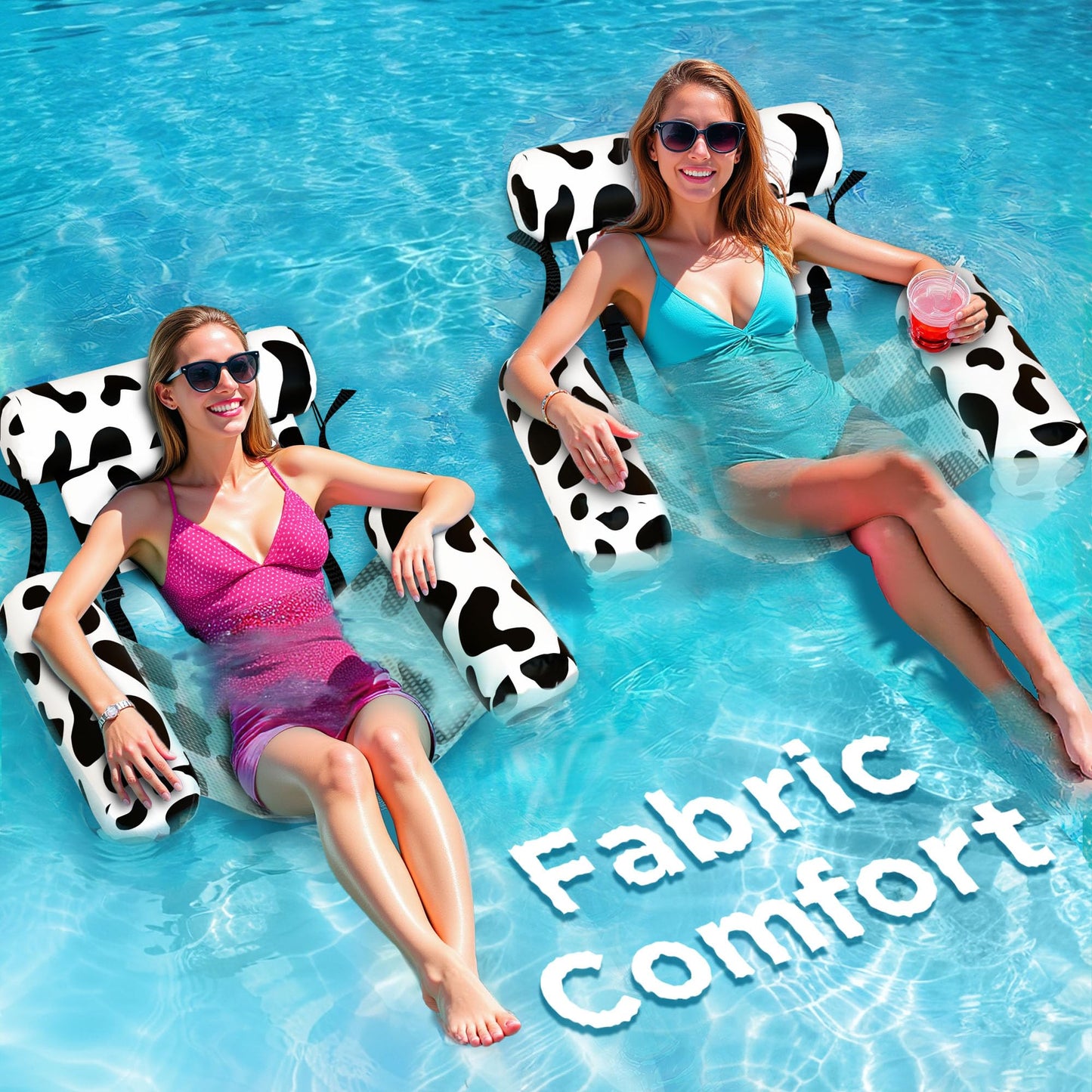 Funscape Pool Floats Chairs Adult, 2 Packs Heavy Duty Inflatable Swimming Pool Lounges, Fabric Floating Hammock Seat, Kid Blow Up Pool Noodle, Lake Raft Floaties, Fun Summer Beach Water Party Game—Cow