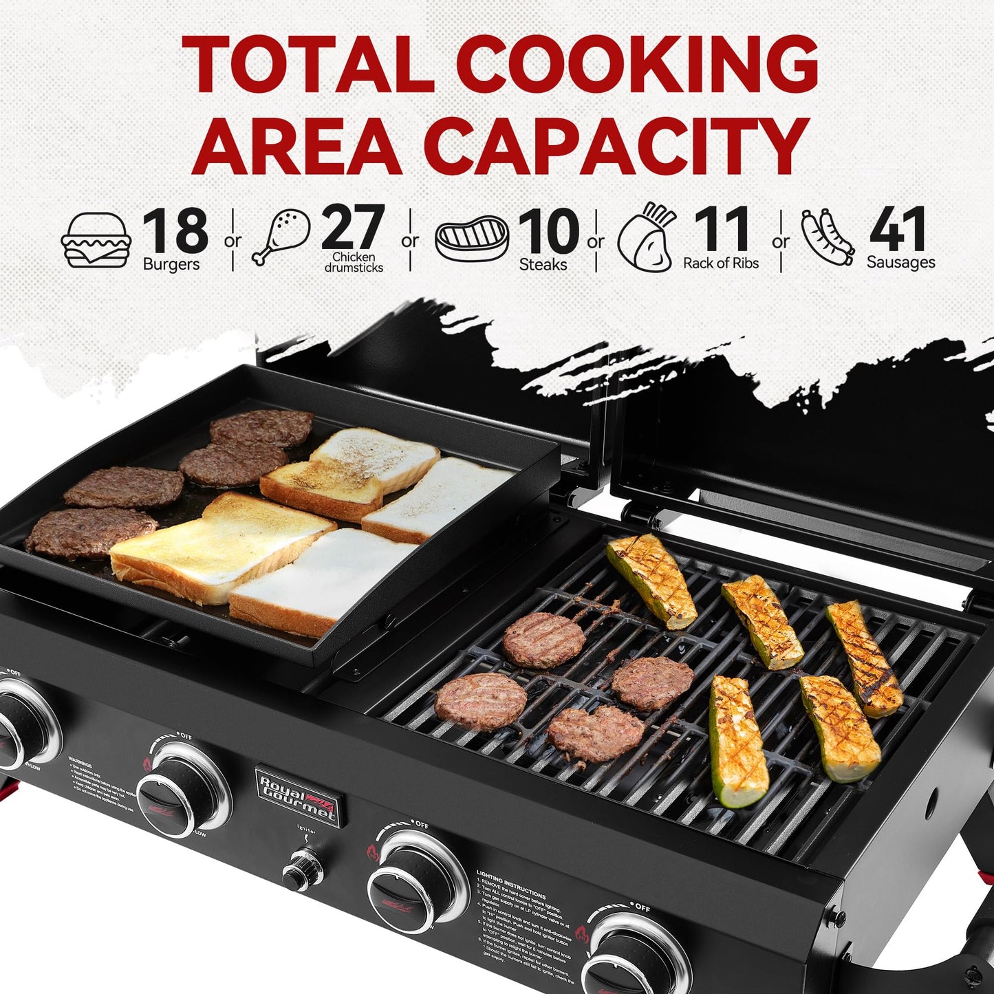 Royal Gourmet GD4002TP 4 Burner Propane Gas Grill and Griddle Combo with Hood, 2-in-1 Portable Grill Griddle Combo with 40,000 BTUs Output for Camping, Tailgating, Backyard, Black