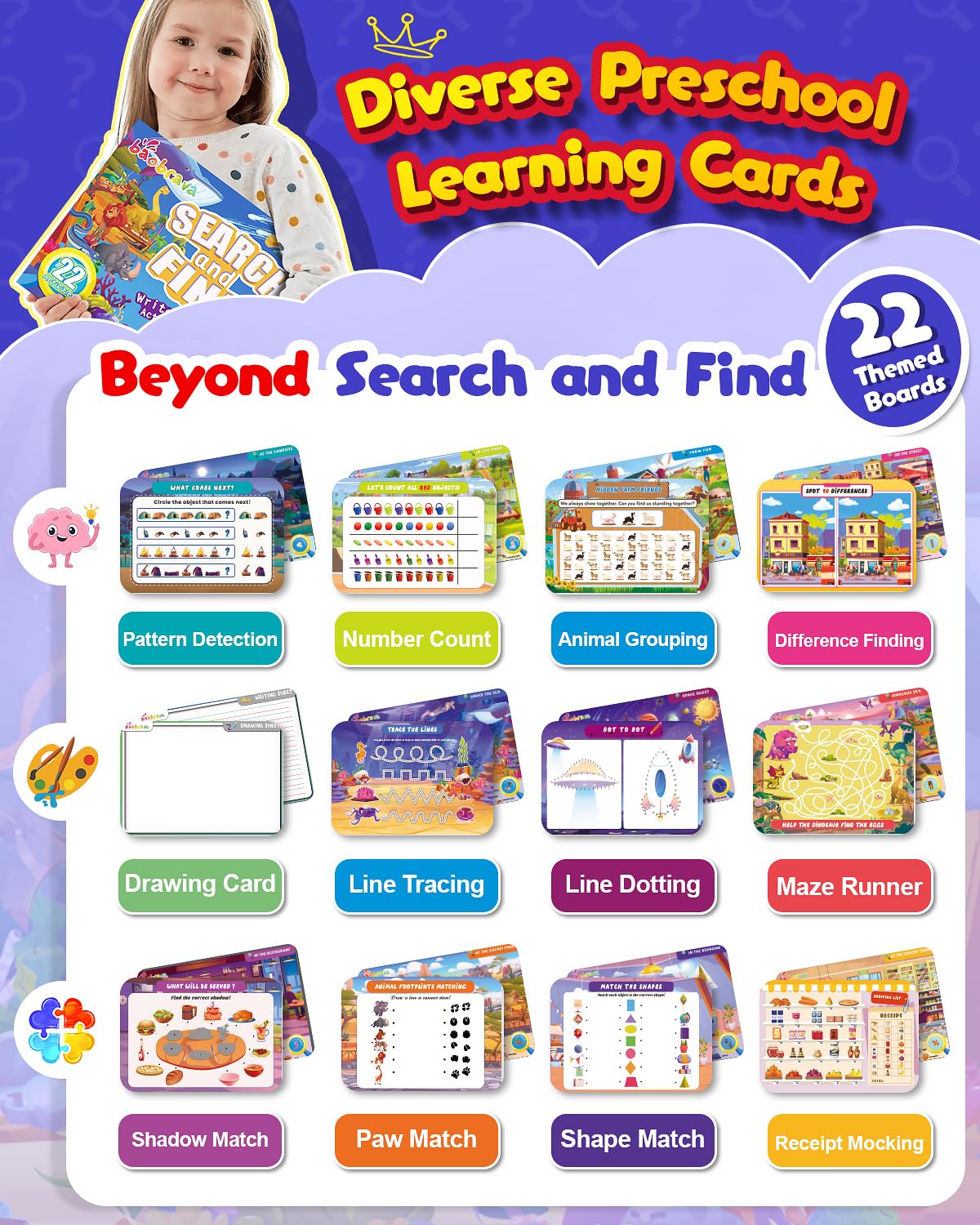 Search and Find: 22 Preschool Learning Activities for Kids 3-8 | Travel Games for Car and Airplane | Toddler Learning Toys | Board Games and Activitys Book for Kids | Back to School Gifts