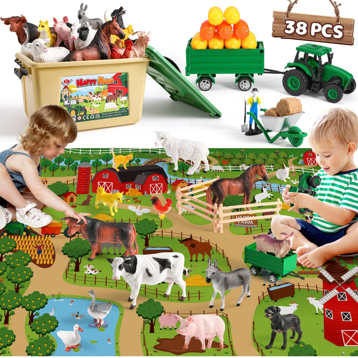 WAIIW Farm Animal Toys for Toddlers,38 PCS Realistic Animal Figurines Toys with 47.2”x31.4” Large Activity Play Mat and Tractor Toy,Farm Playset Educational Learning Toy for Toddlers Kids 3-5
