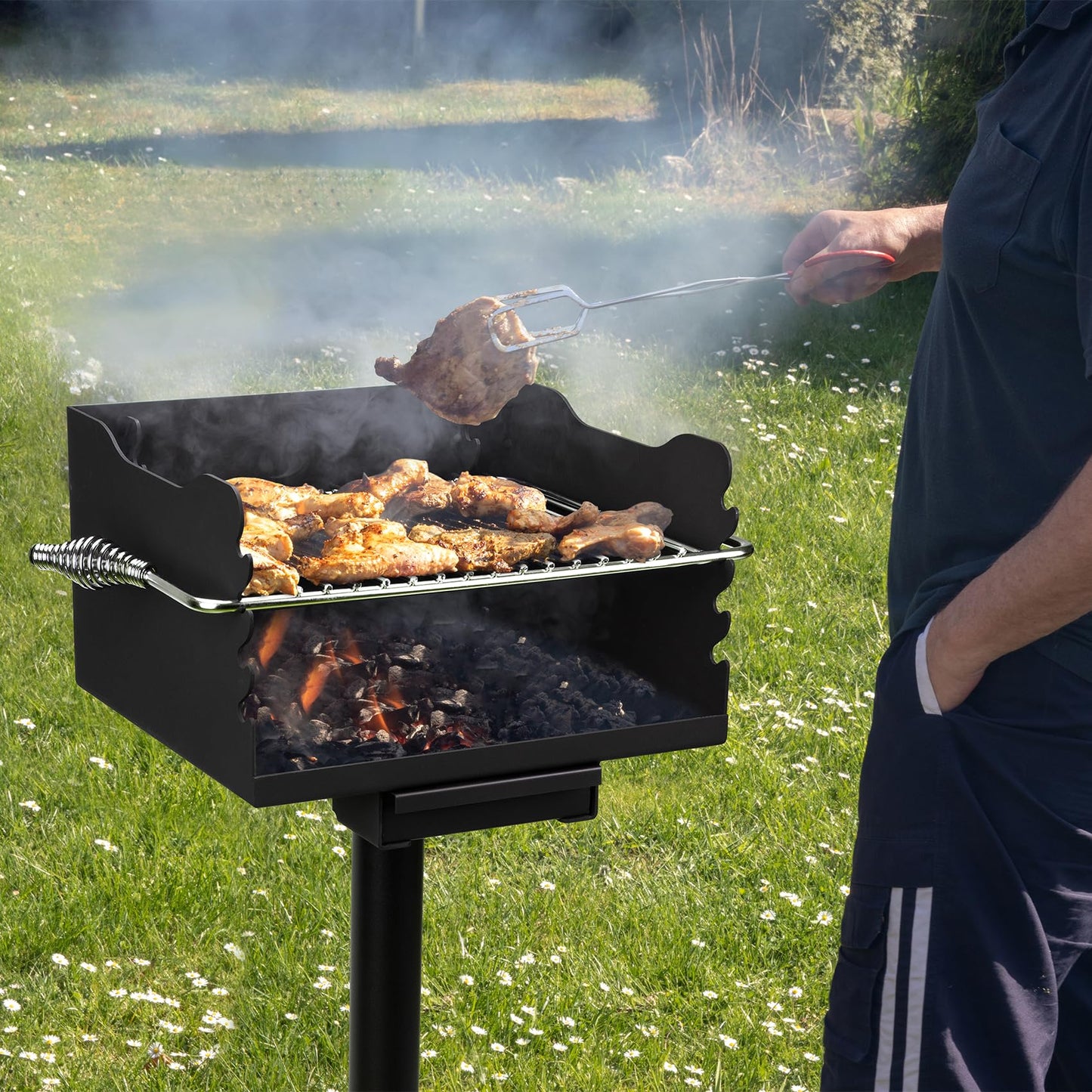 Stanbroil Charcoal Barbecue Grill for Outdoor, Heavy Duty Steel Park BBQ Grill with Stainless Steel Cooking Grate and Above/In Ground Post for Camping and Backyard