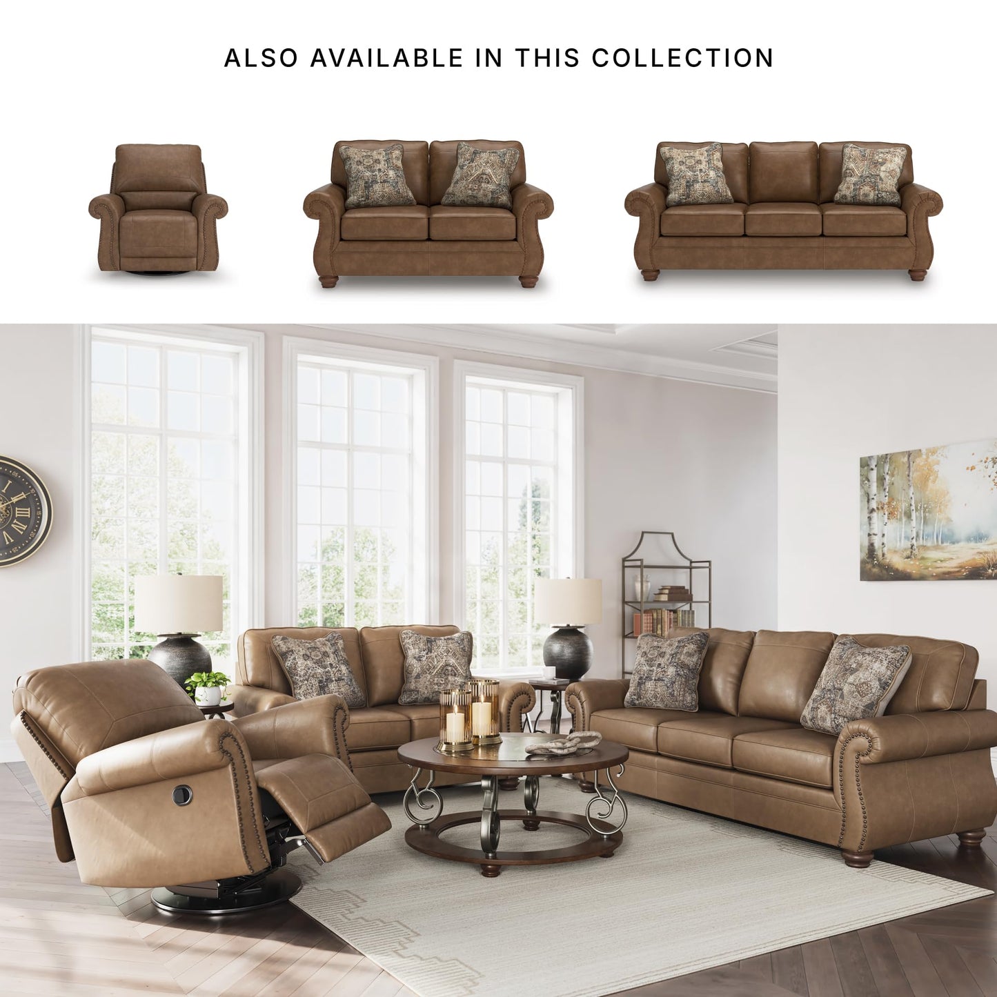 Signature Design by Ashley Shadsburne Rustic Faux Leather Loveseat with Nailhead Trim and 2 Throw Pillows, Brown
