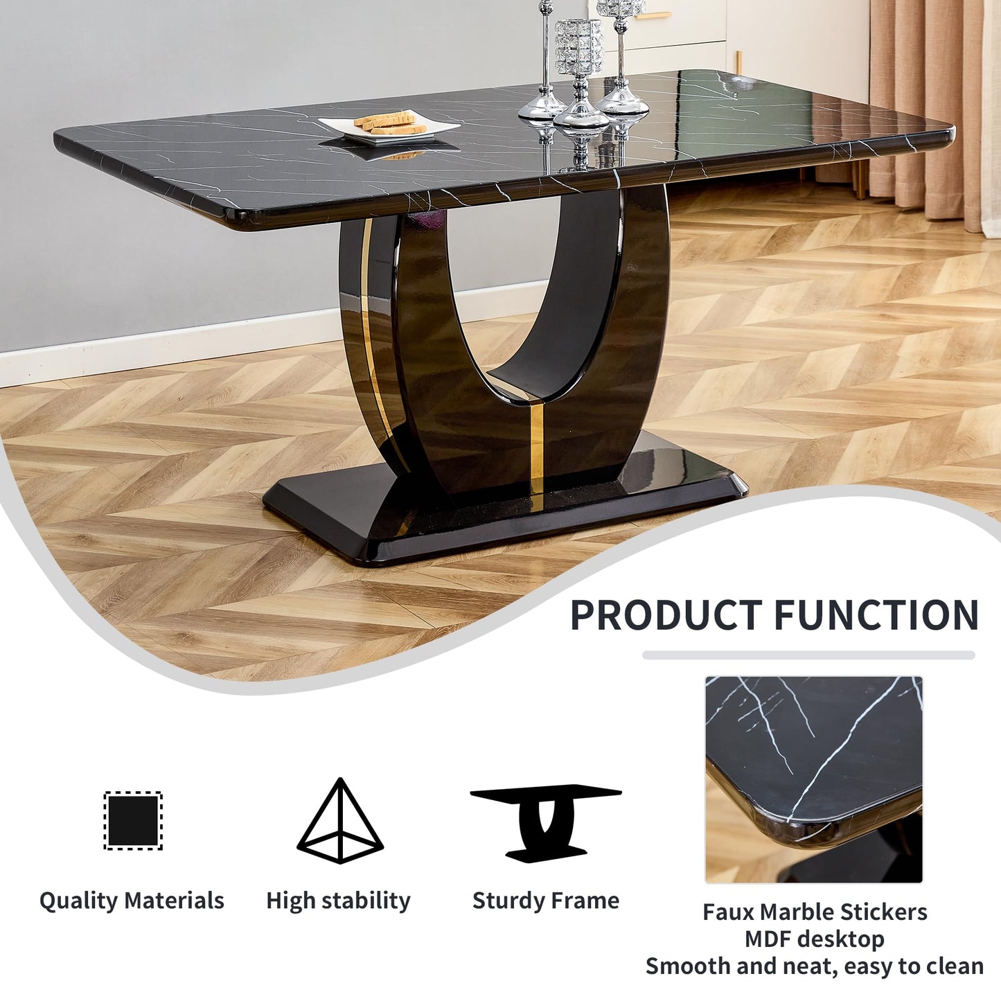 Btikita Dining Table Set for 6, Kitchen Table Chairs Set of 6, Modern Dining Room Set with 63 inch Marble Dinner Table PU Leather Upholstered Chairs for Dining Room Kitchen